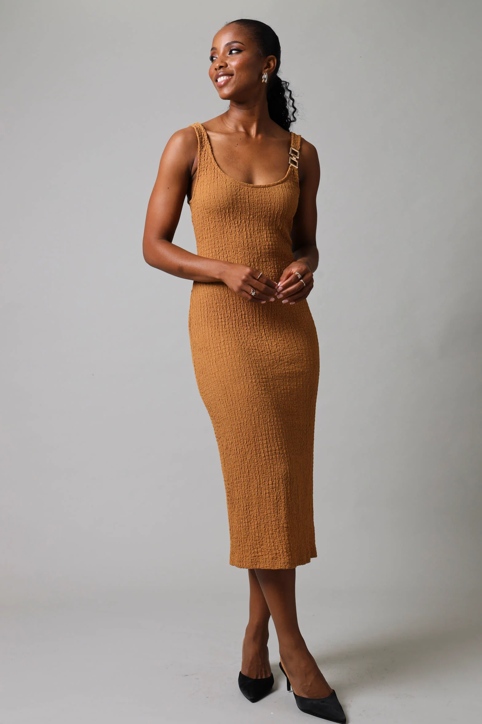 Strappy Textured Knit Trim Dress - Tan - Image 3