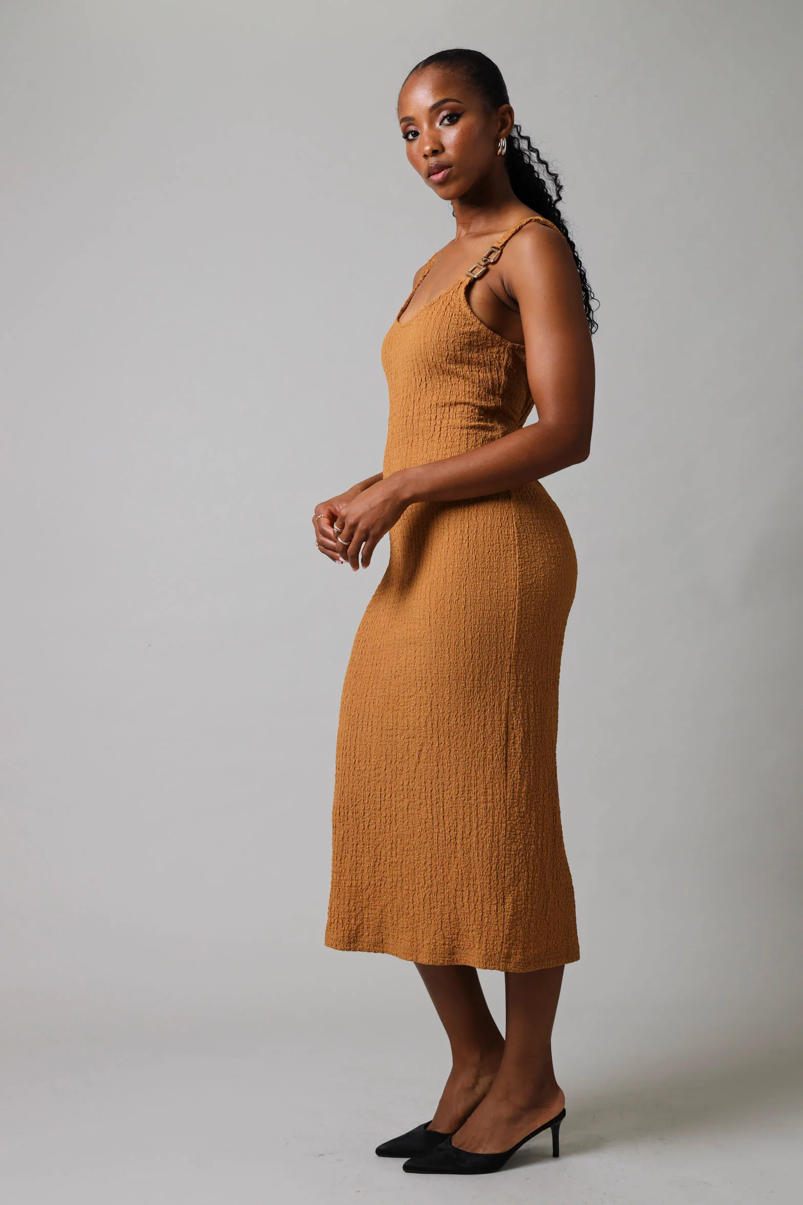 Strappy Textured Knit Trim Dress - Tan - Image 4