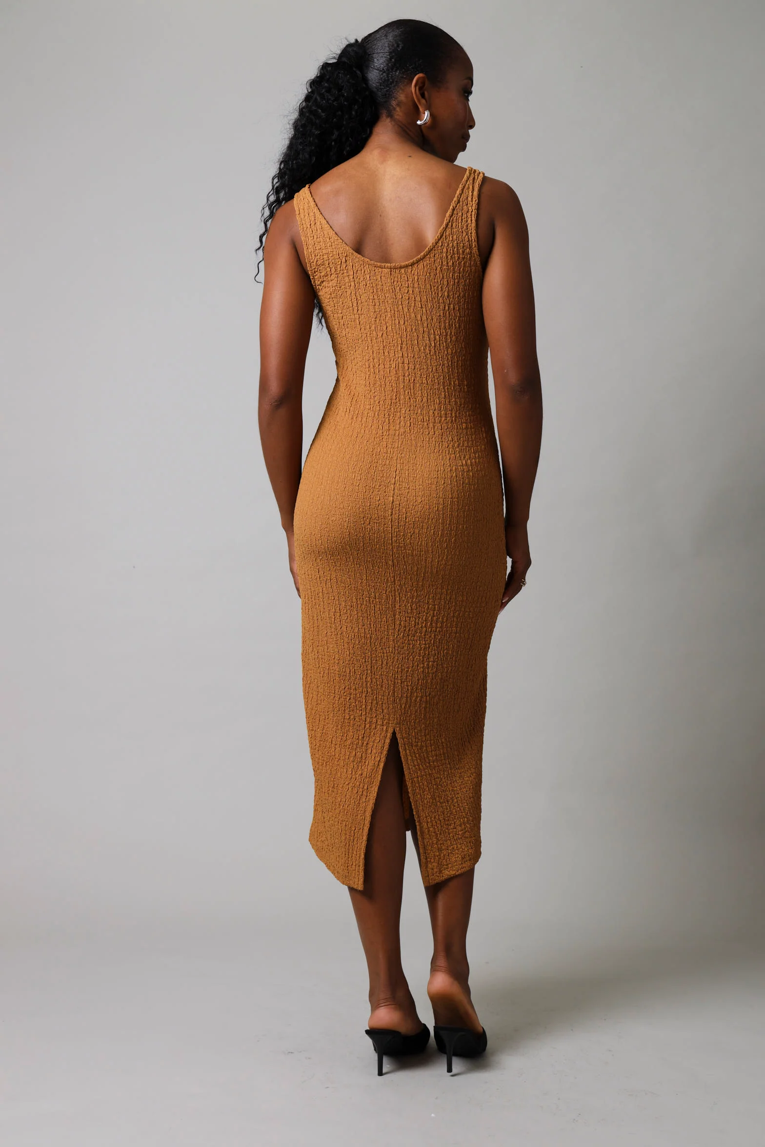 Strappy Textured Knit Trim Dress - Tan - Image 5
