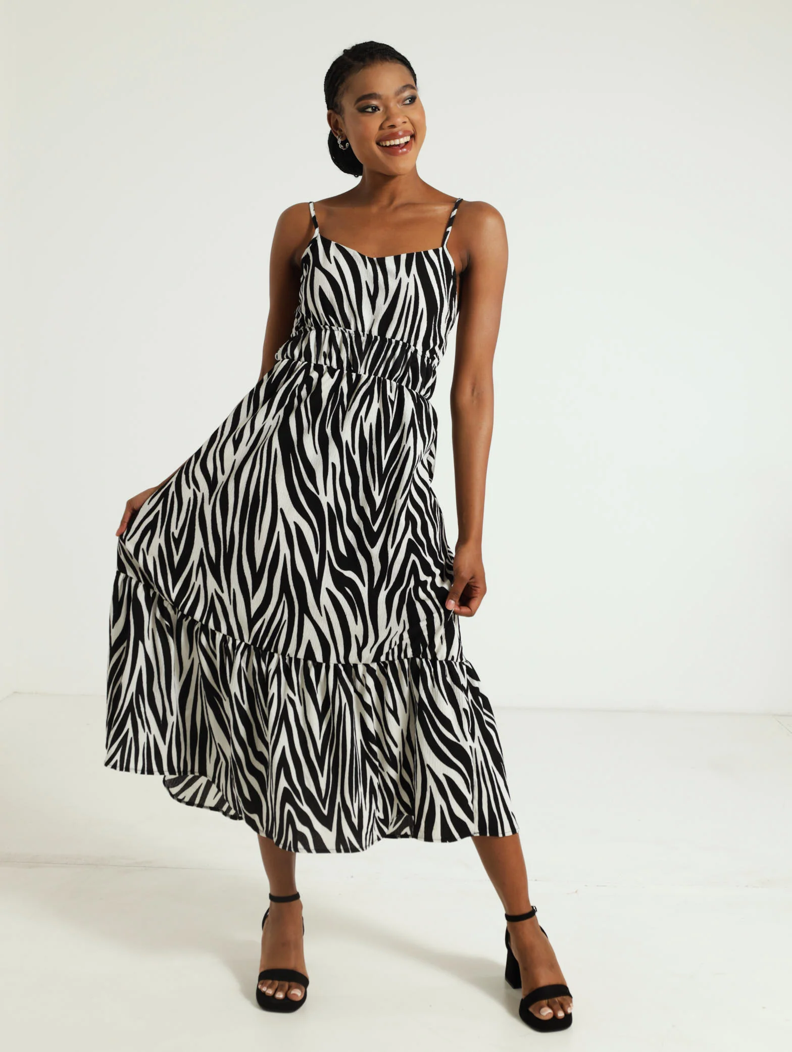 Strappy V Neck Tier Hem Midi Dress