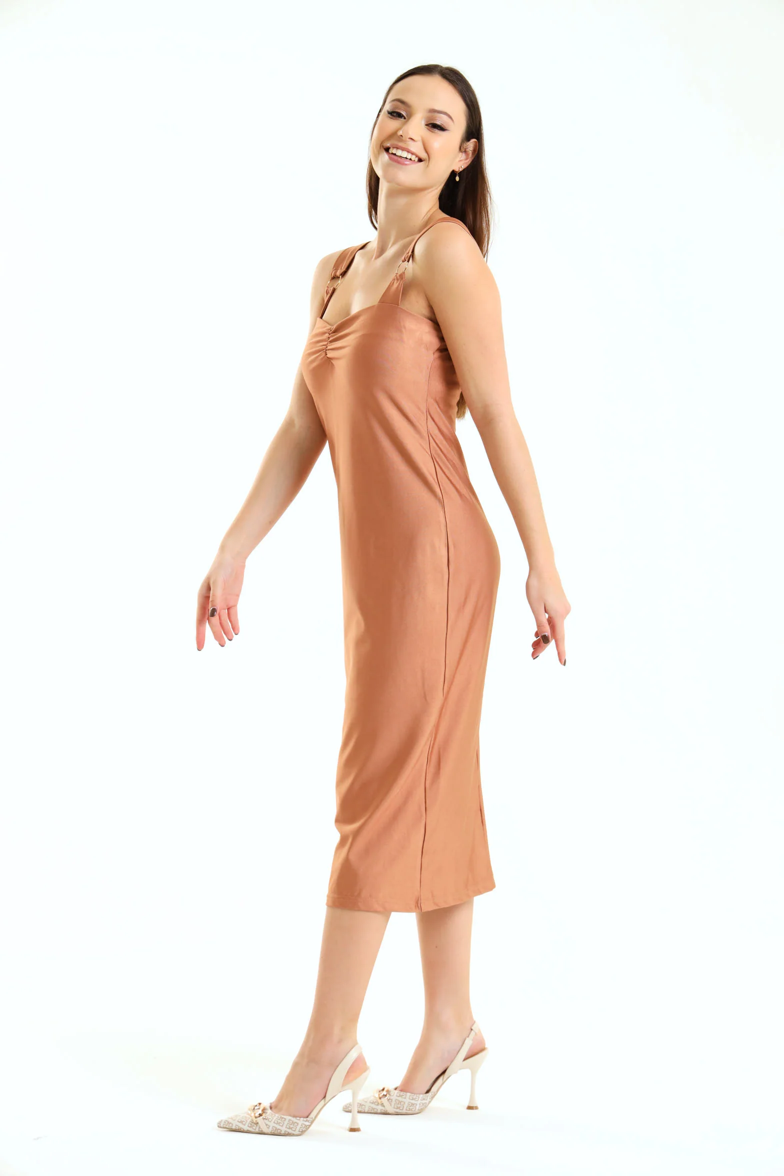 Strappy Wide Ring Trim Bodycon Dress - Mocha - Image 3