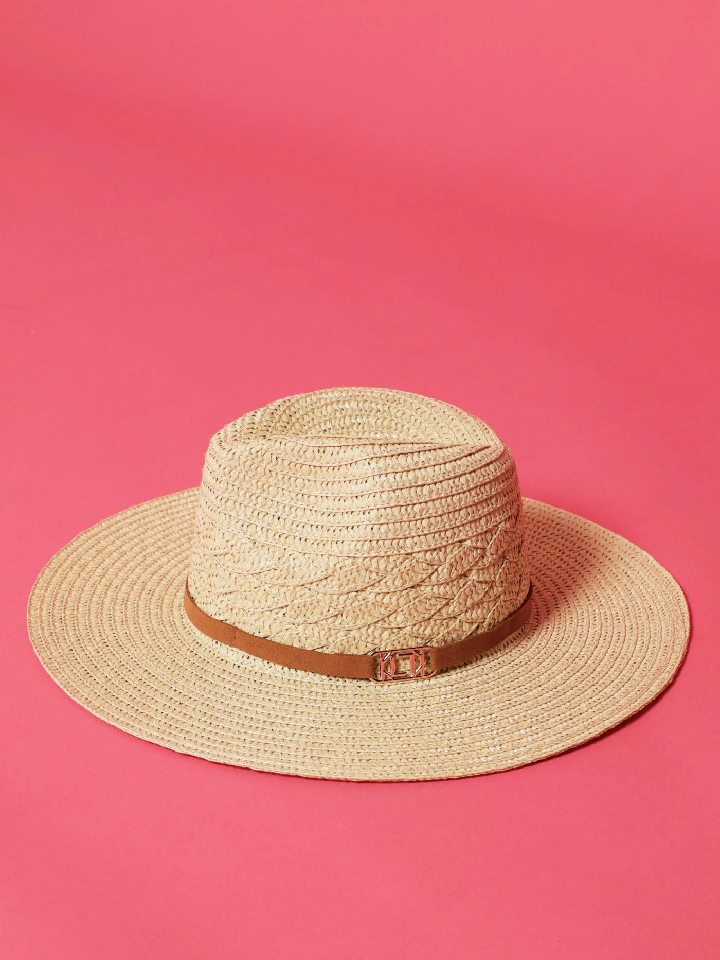 Straw Fedora Hat With Monogram Metal Plaque - Natural