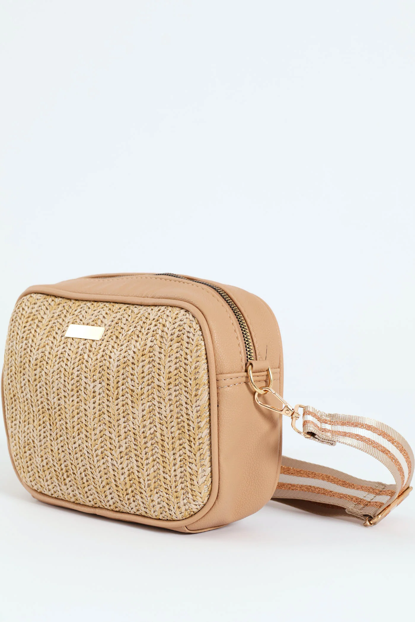 Straw Messenger Bag With Printed Canvas Straps  - Natural - Image 2