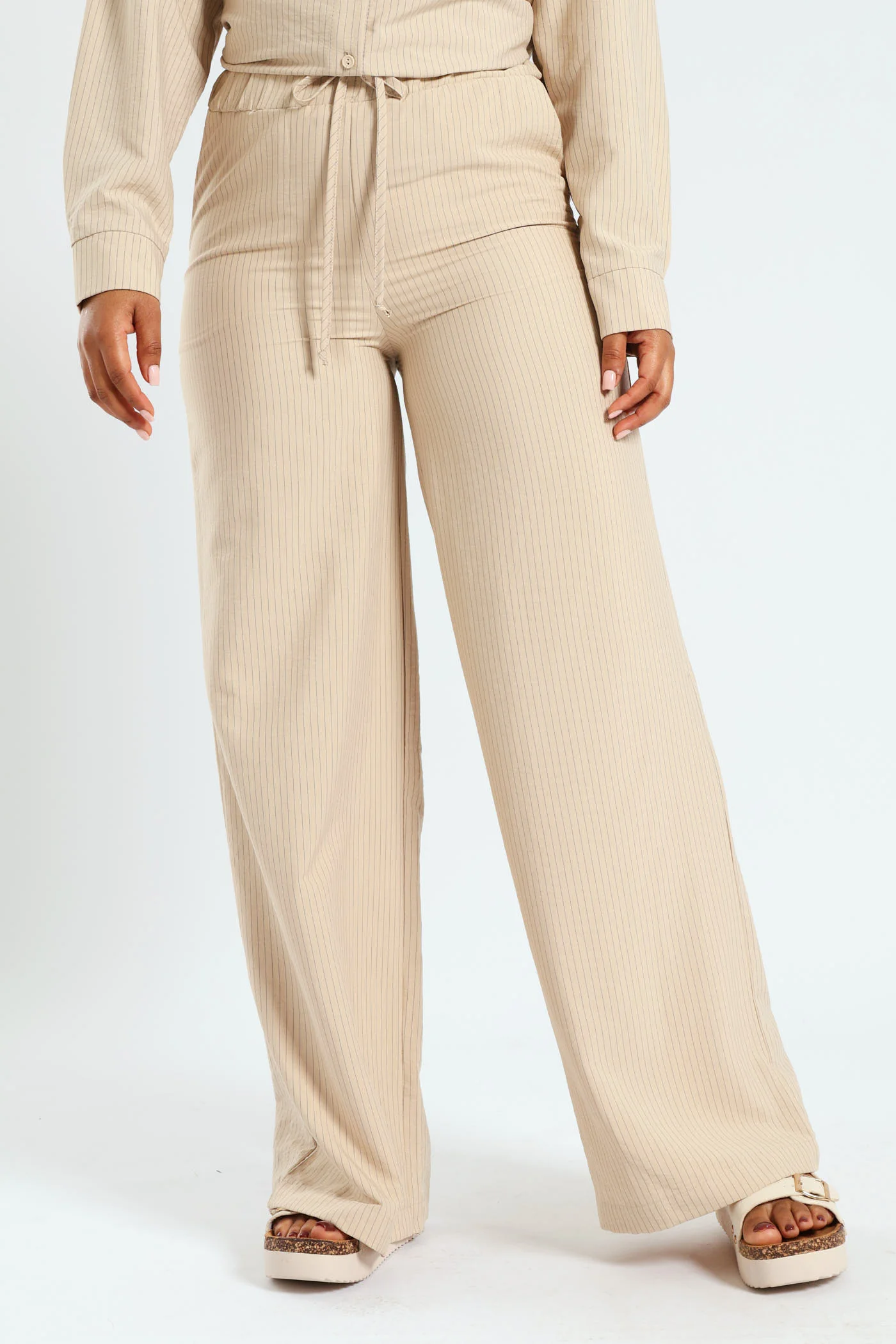 Stripe Drapey Wideleg Pant - Stone