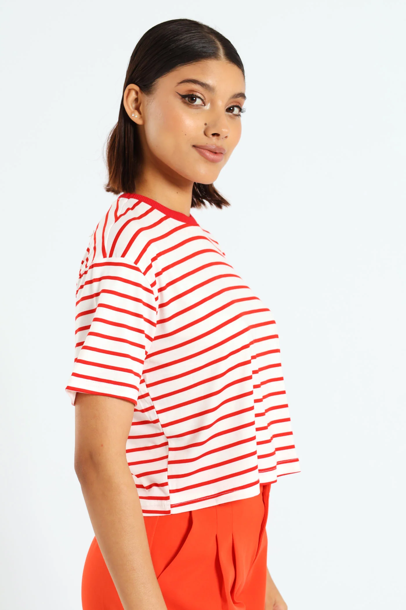Stripe Drop Shoulder Tee - White/Red - Image 3