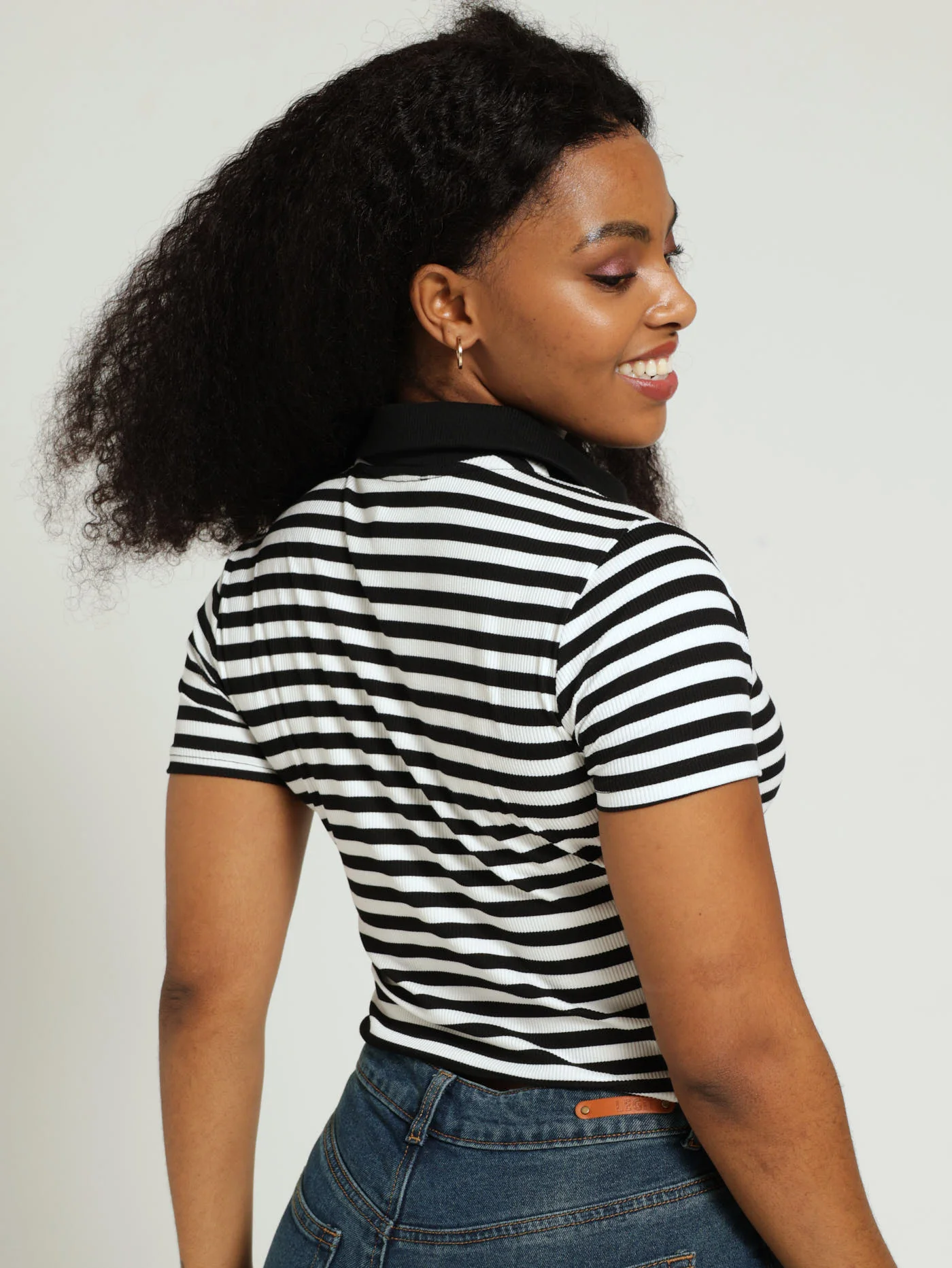 Stripe Golfer Tee With Black Placket - Black/White - Image 3