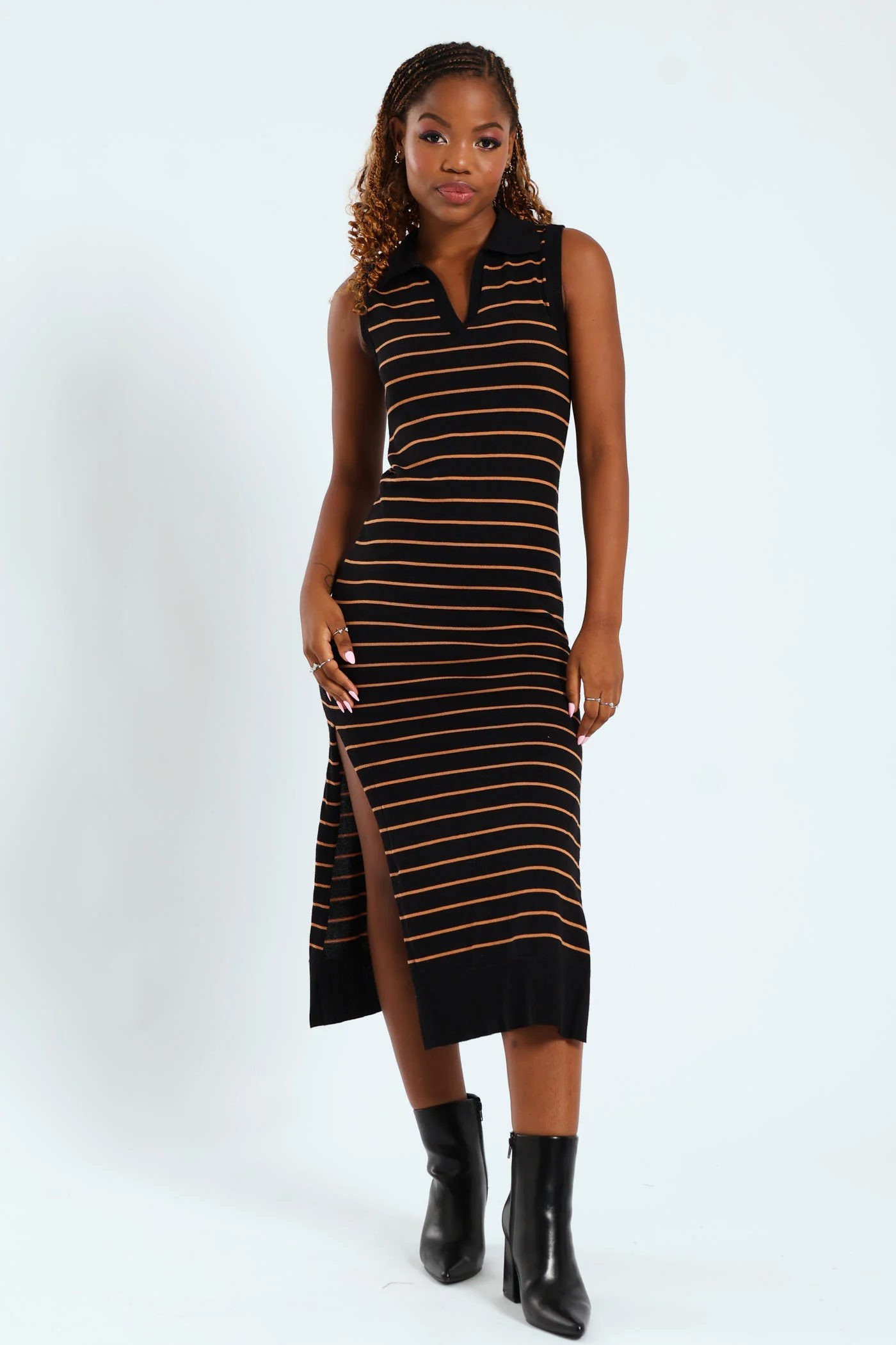 Stripe Johnny Collar Knitwear Midi Dress - Black/Beige