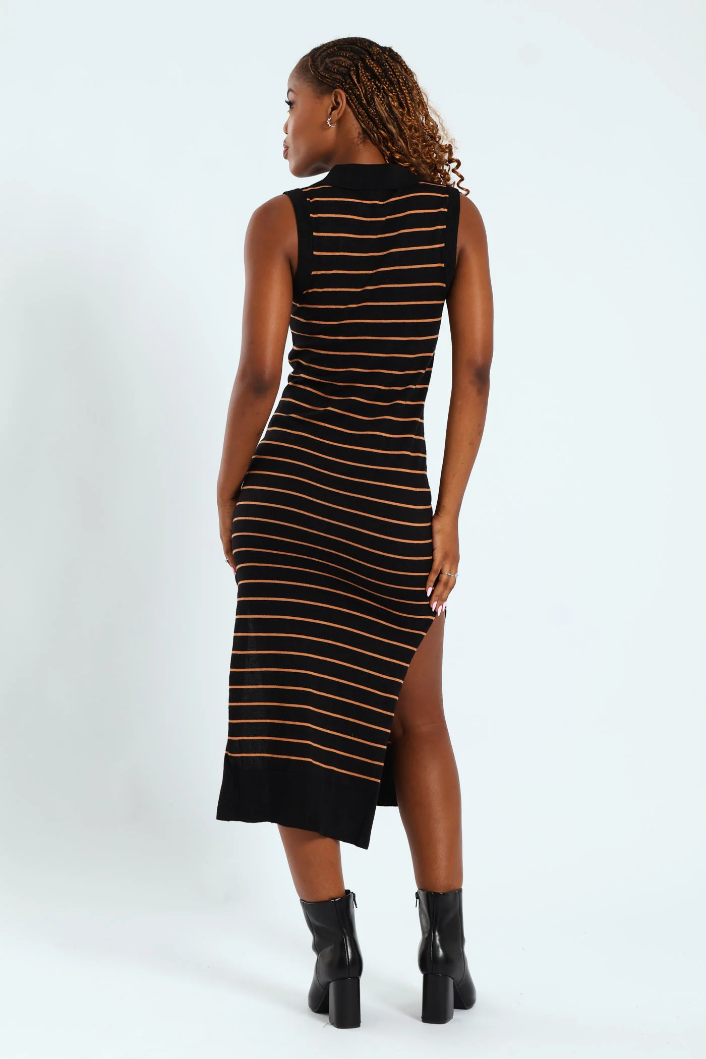 Stripe Johnny Collar Knitwear Midi Dress - Black/Beige - Image 3