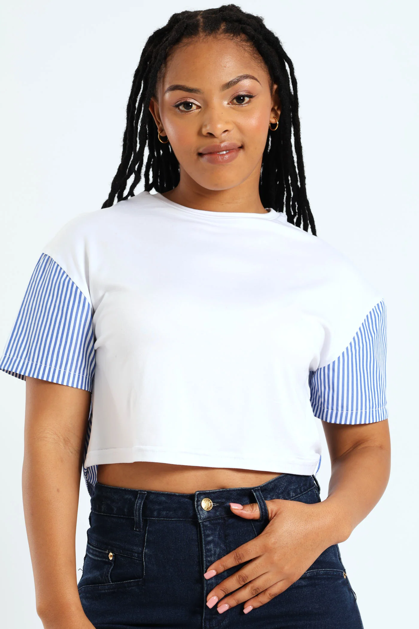 Stripe Knit Woven Combo Tee - White/Blue
