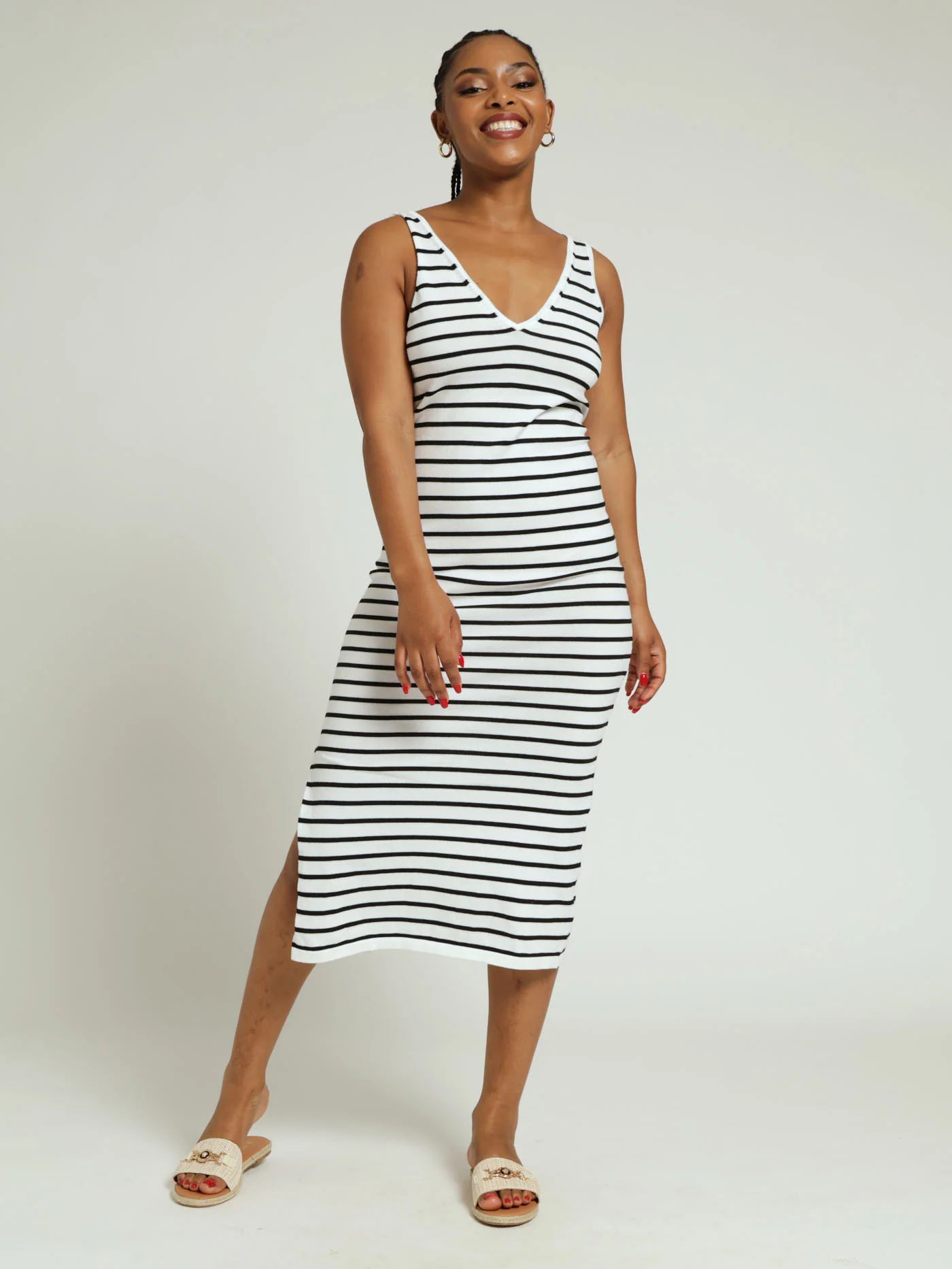 Stripe Knitwear Midi Dress - White/Black