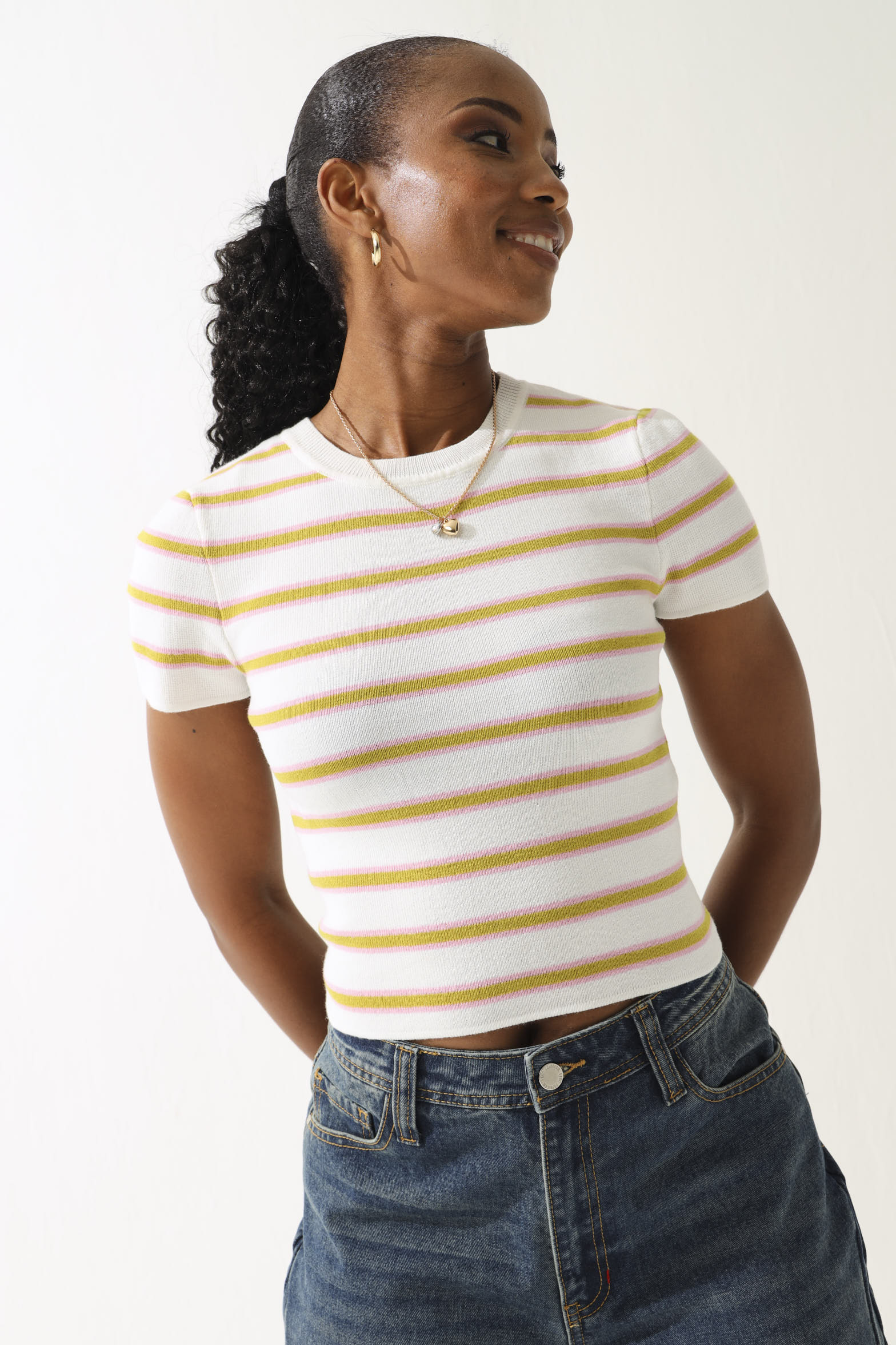Stripe Knitwear Tee - Chartreuse/White - Image 2