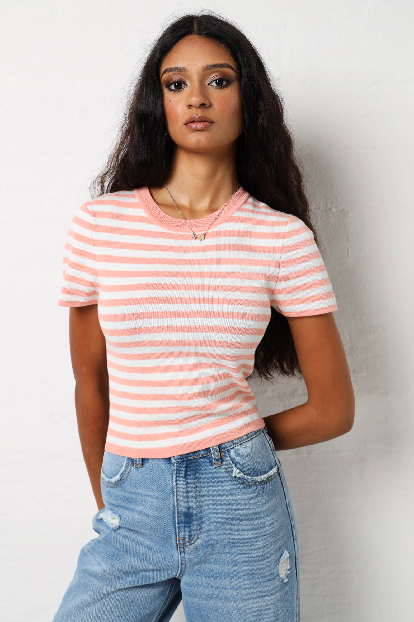 Stripe Knitwear Tee - Coral Multi - Image 2