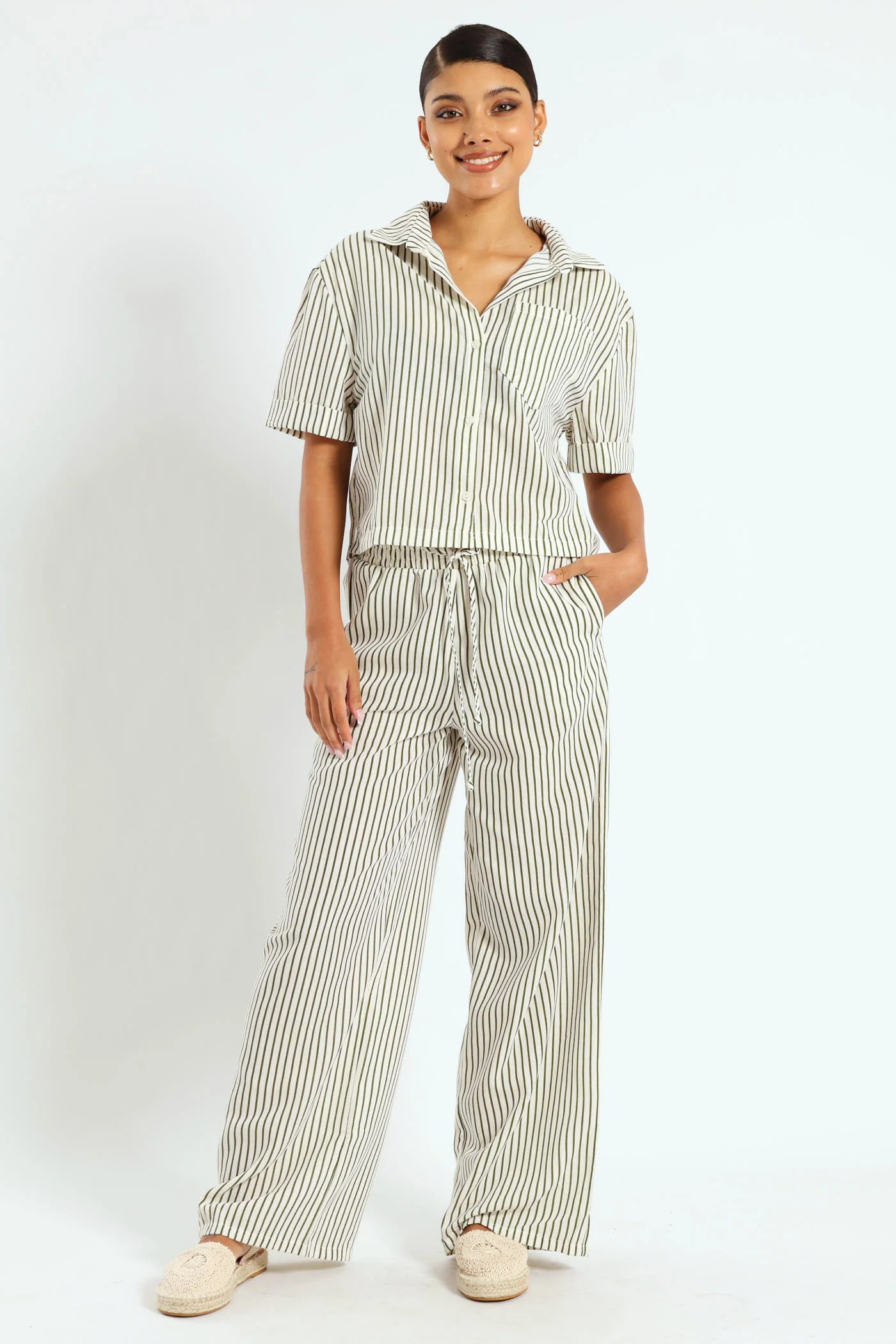 Stripe Linen Look  Widelg Pants - Fatigue - Image 3