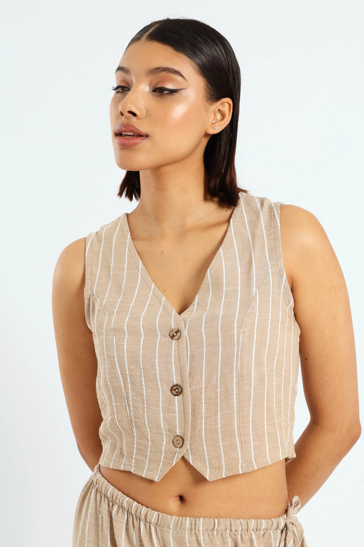 Stripe Linen Tie Front Waistcoat Jacket - Beige
