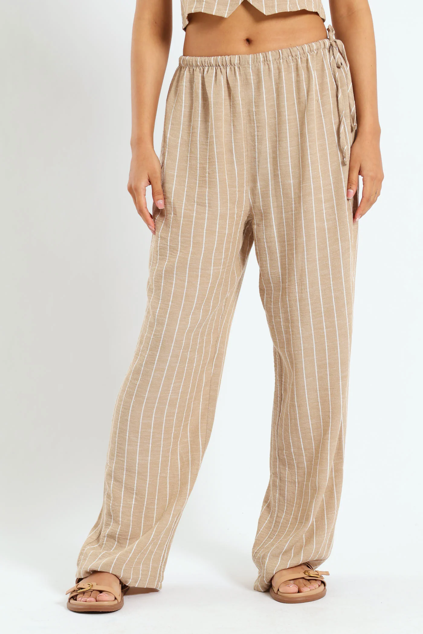 Stripe Linen Wideleg Pants - Beige