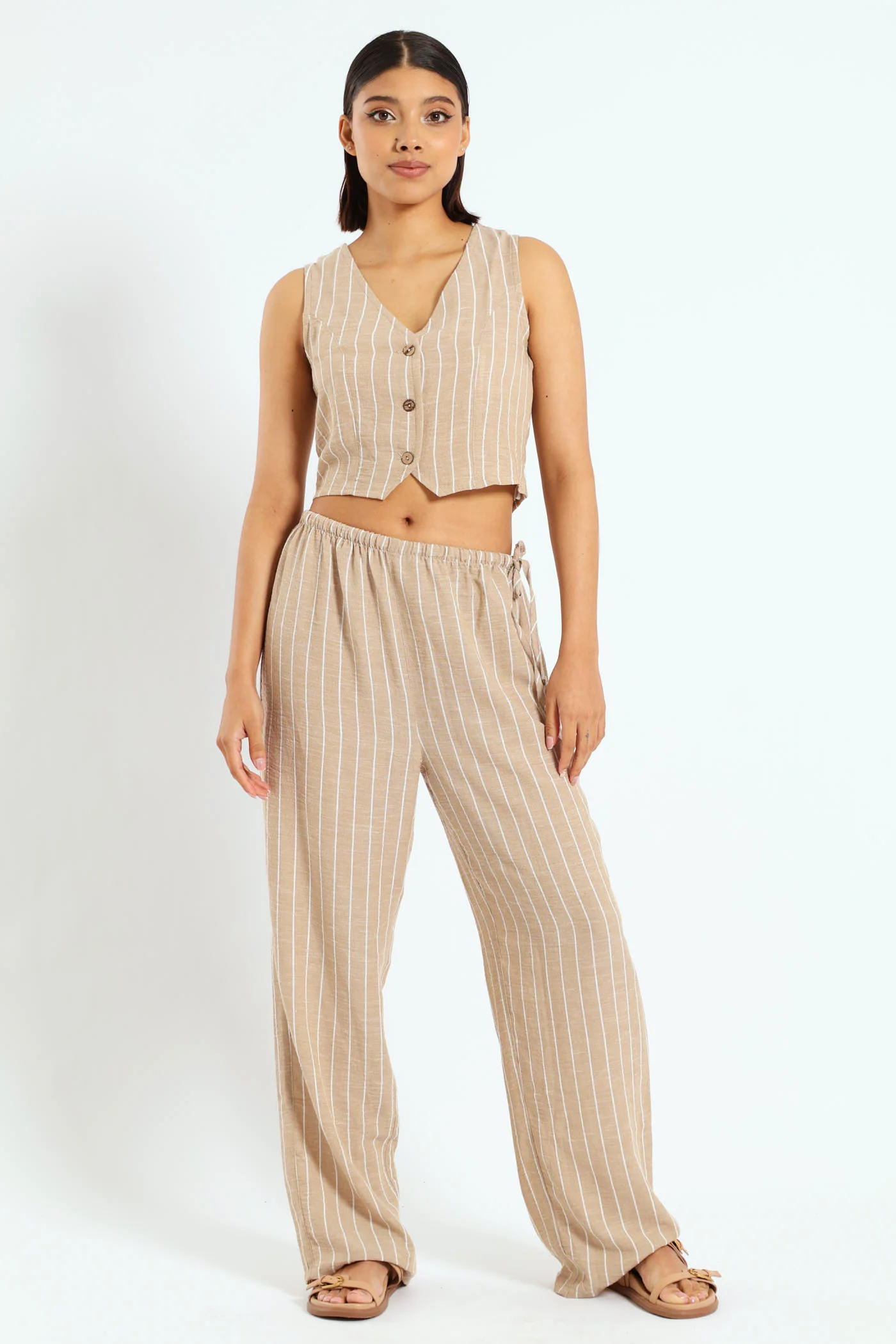 Stripe Linen Wideleg Pants - Beige - Image 2