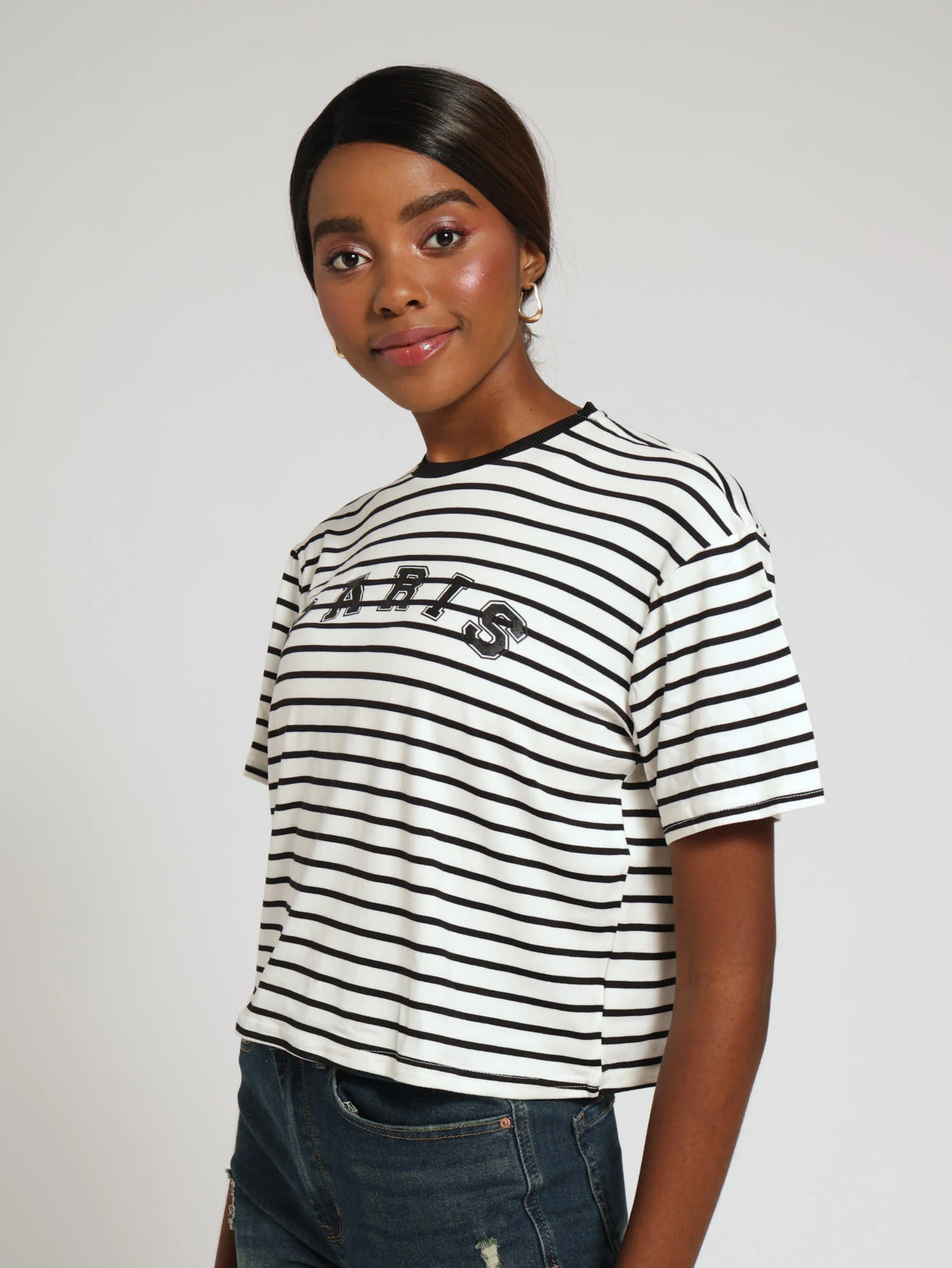 Stripe Paris Slogan Tee - Black/White - Image 2
