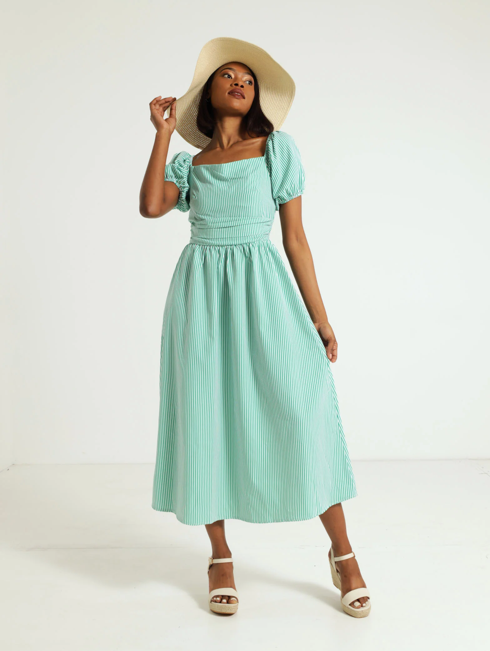 Stripe Puff Sleeve Pocket Detail Poplin Dress