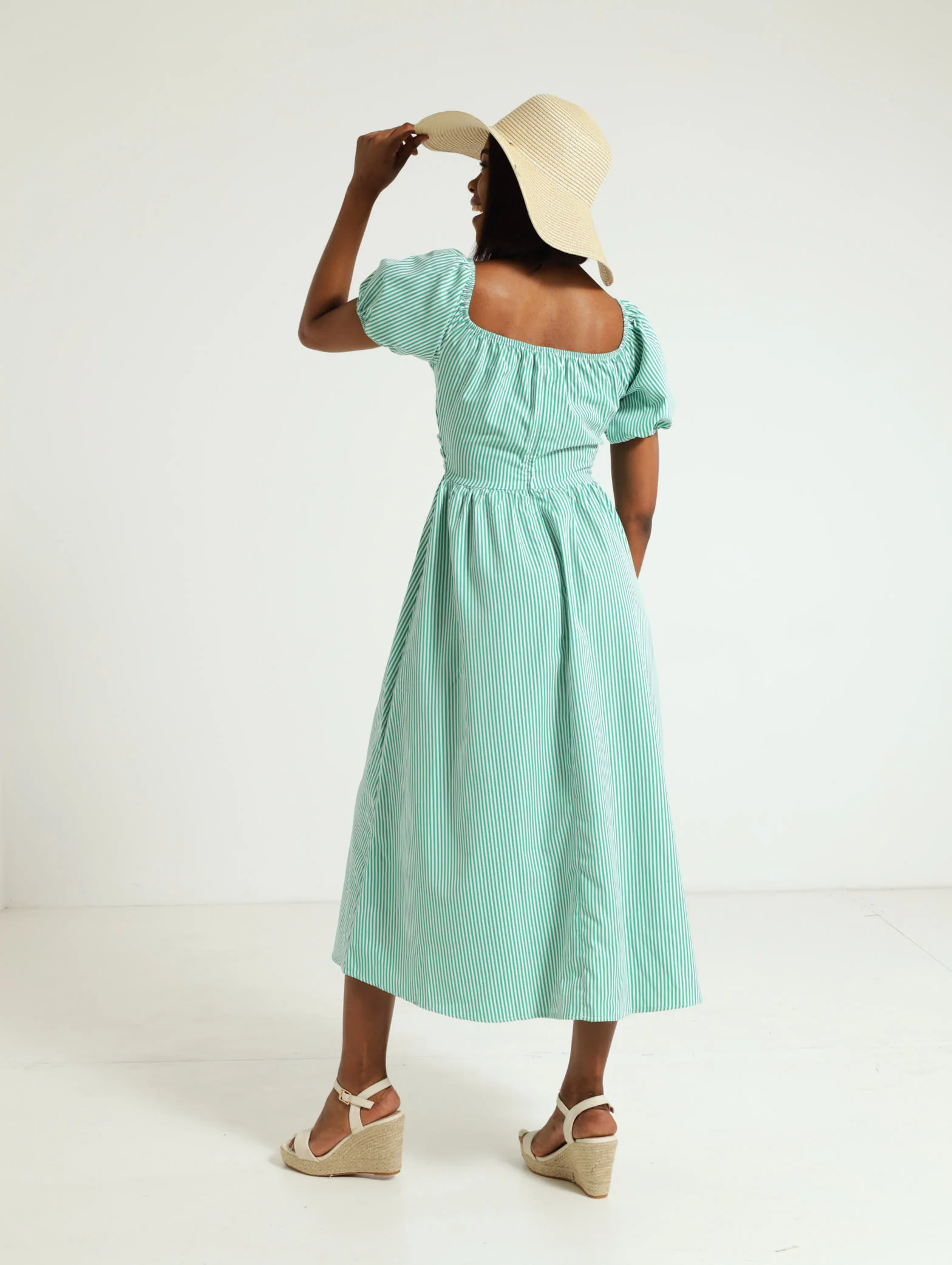 Stripe Puff Sleeve Pocket Detail Poplin Dress - Image 2