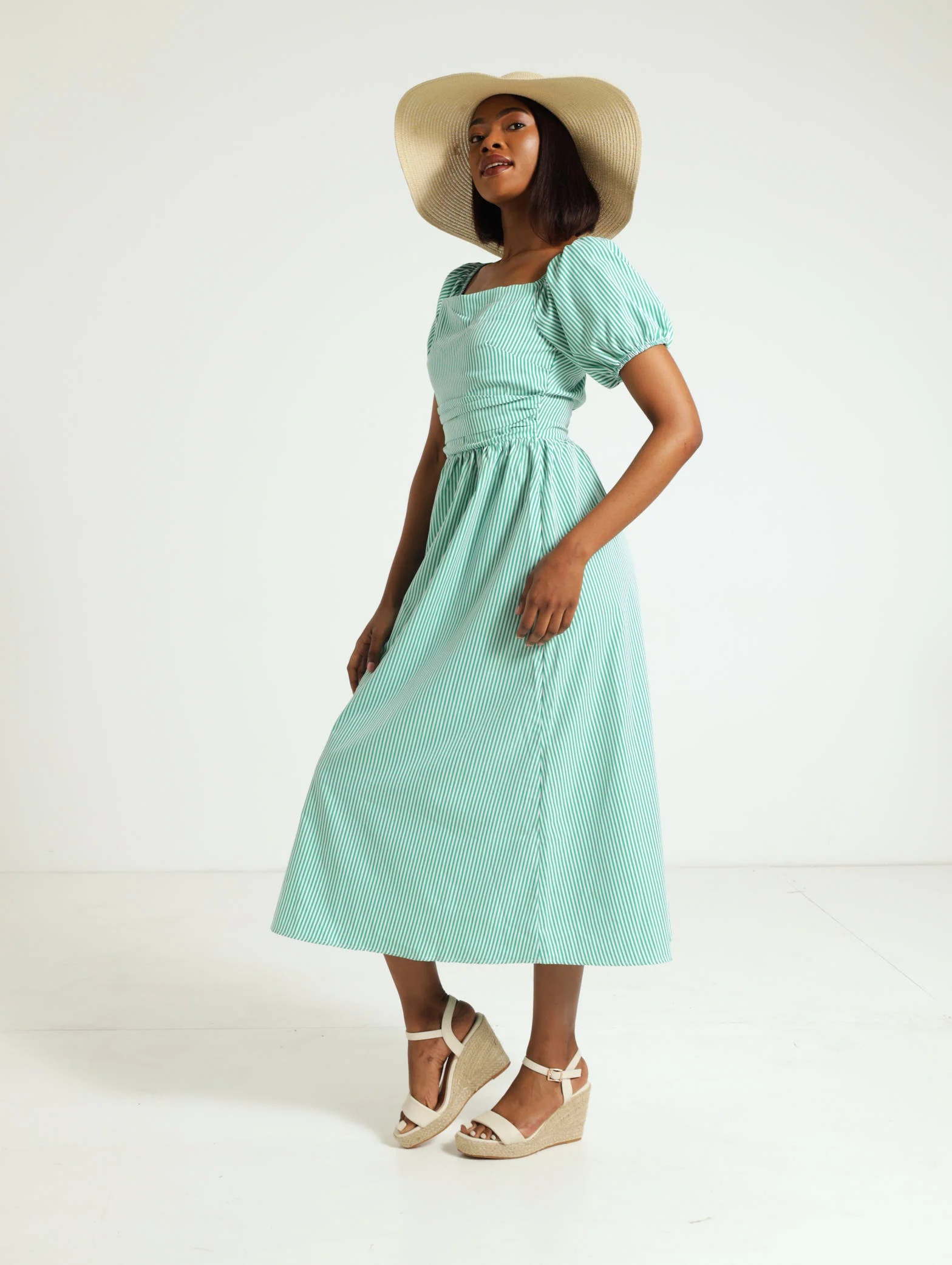 Stripe Puff Sleeve Pocket Detail Poplin Dress - Image 3