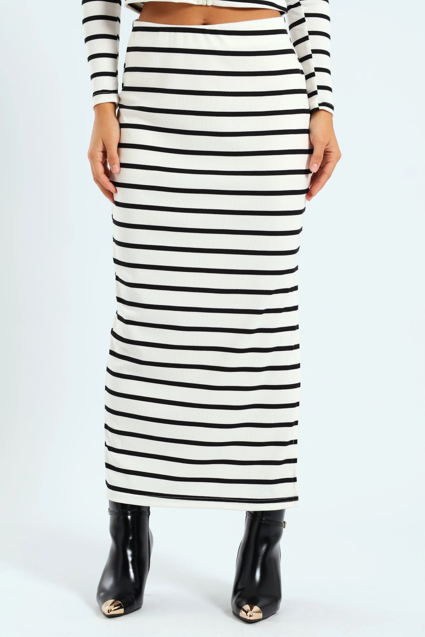 Stripe Rib Midi Skirt - White/Black