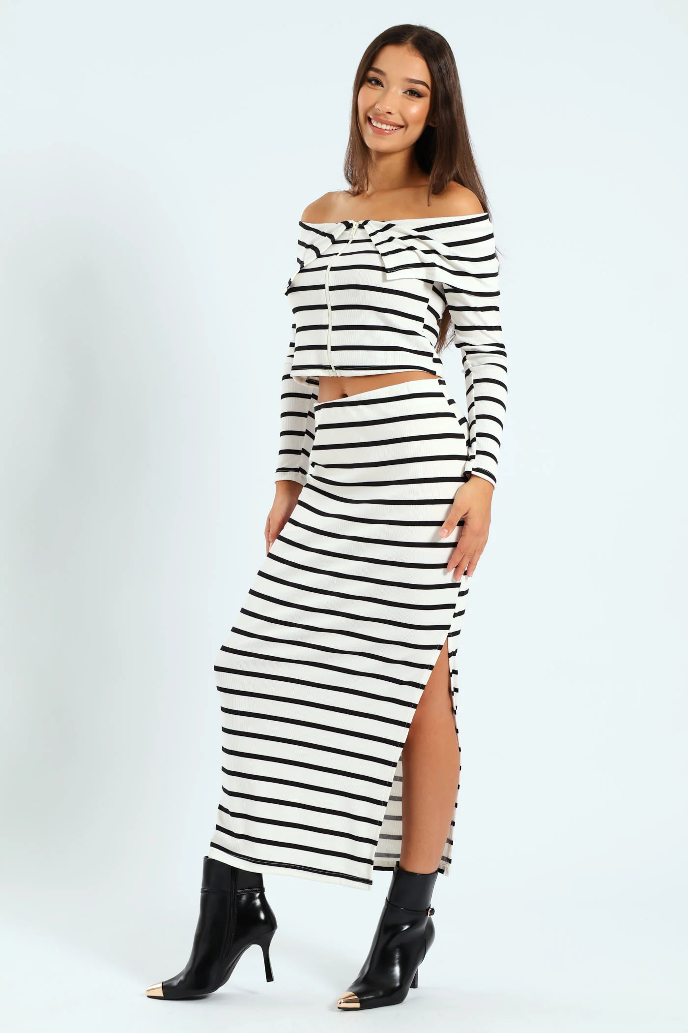 Stripe Rib Midi Skirt - White/Black - Image 8