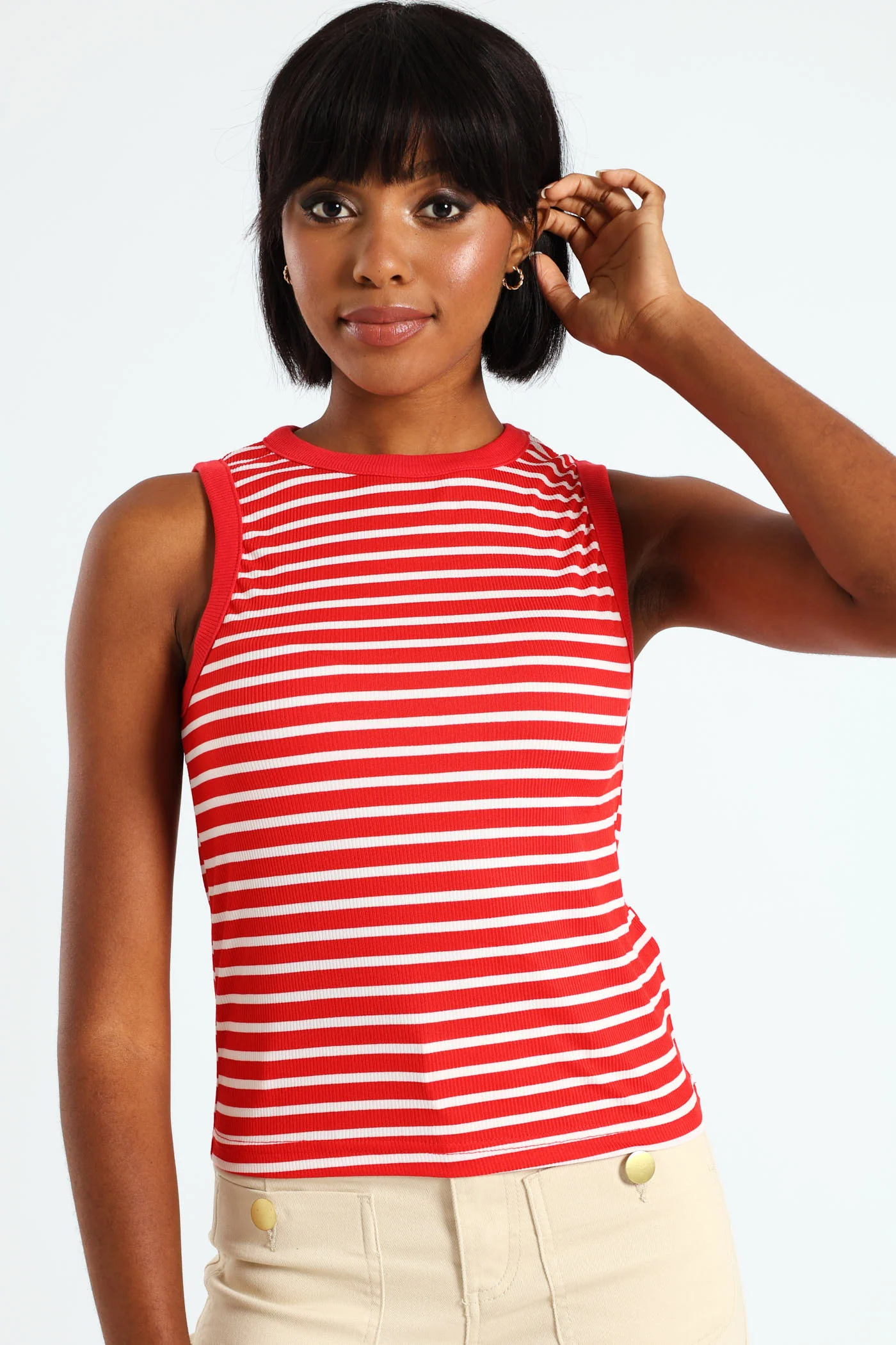 Stripe Ribb Tank Top - White/Red