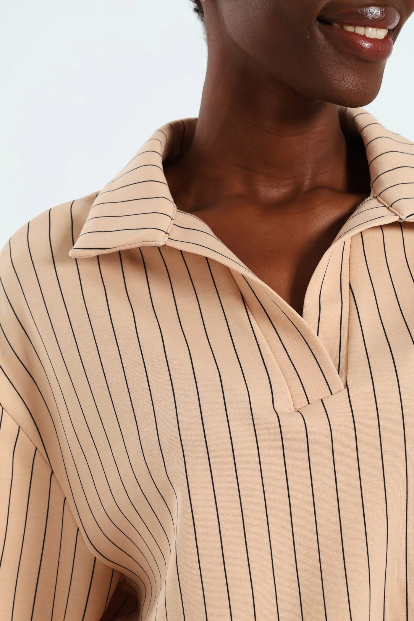 Stripe Soft Touch Johnny Collar Pullover - Cream/Black - Image 5