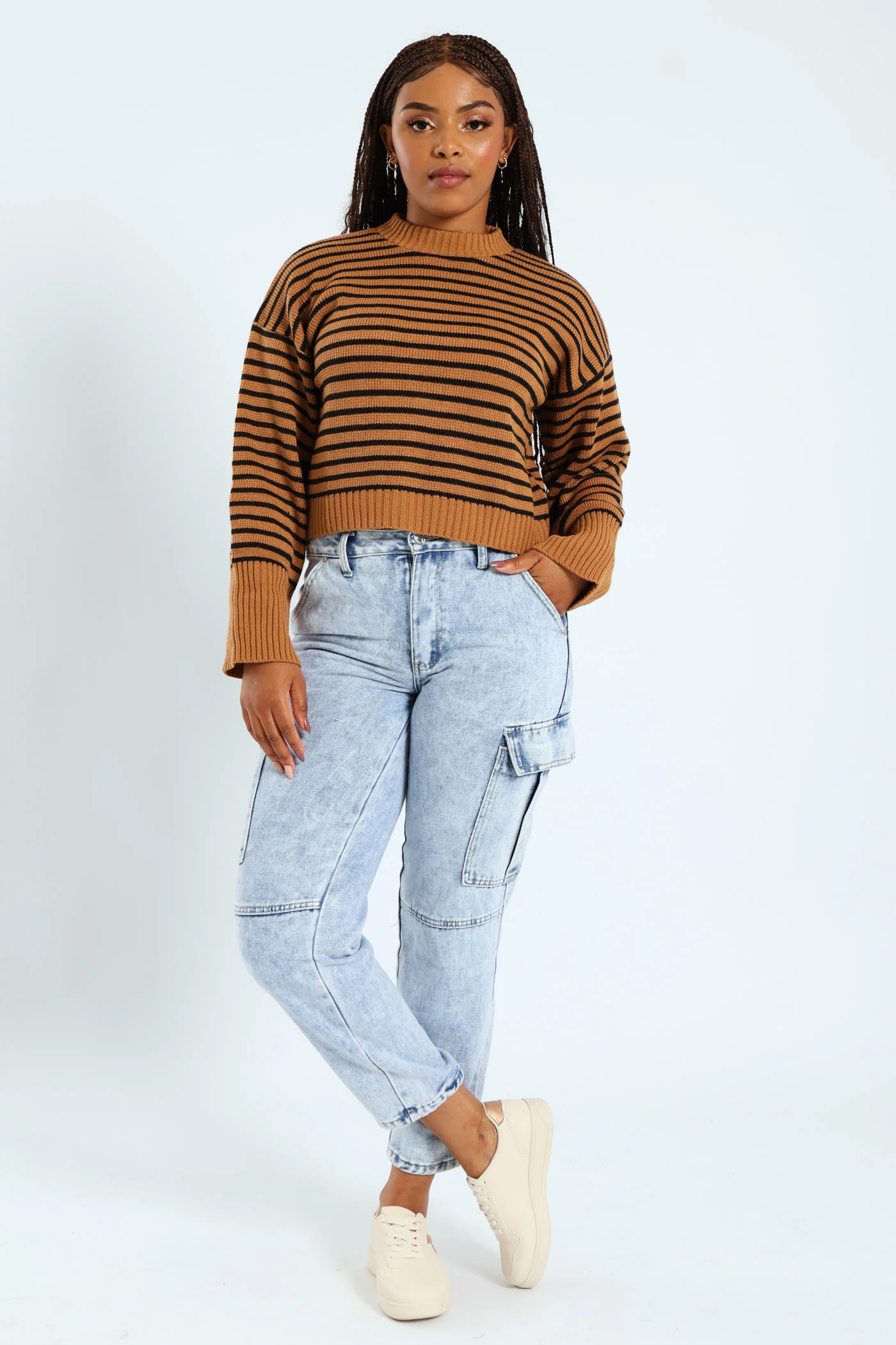 Stripe Turtle Neck Knitwear Top - Beige/Black - Image 2