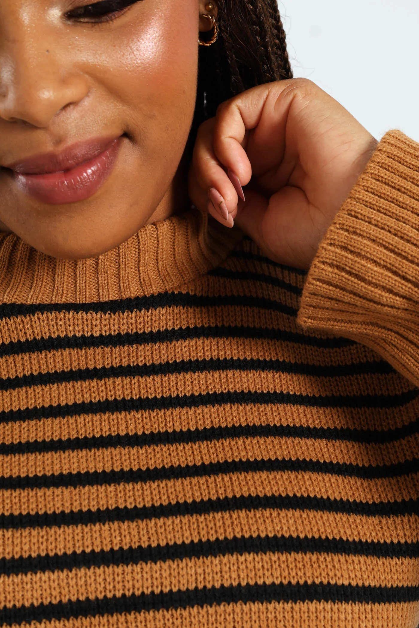 Stripe Turtle Neck Knitwear Top - Beige/Black - Image 4