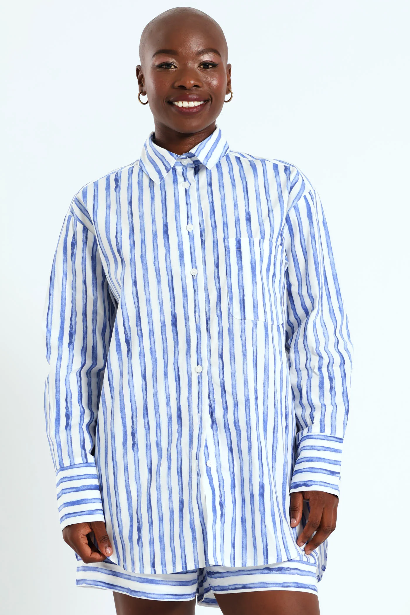 Stripe Watercolour Poplin  Shirt - Blue