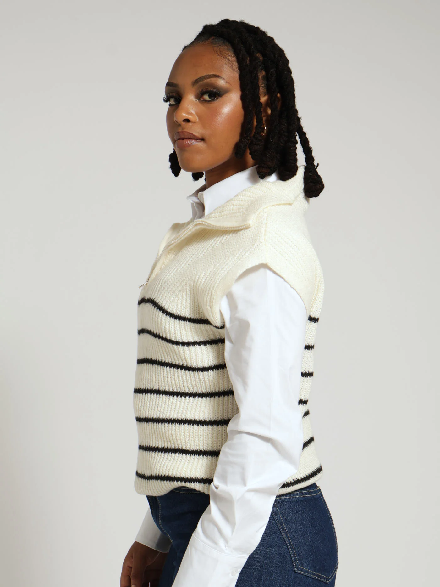 Stripe Zip Front Knitwear - Black/Beige - Image 2