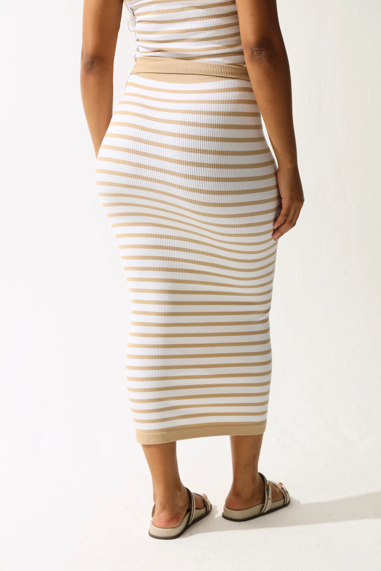 Striped Seamless Midi Skirt - Beige/White - Image 5