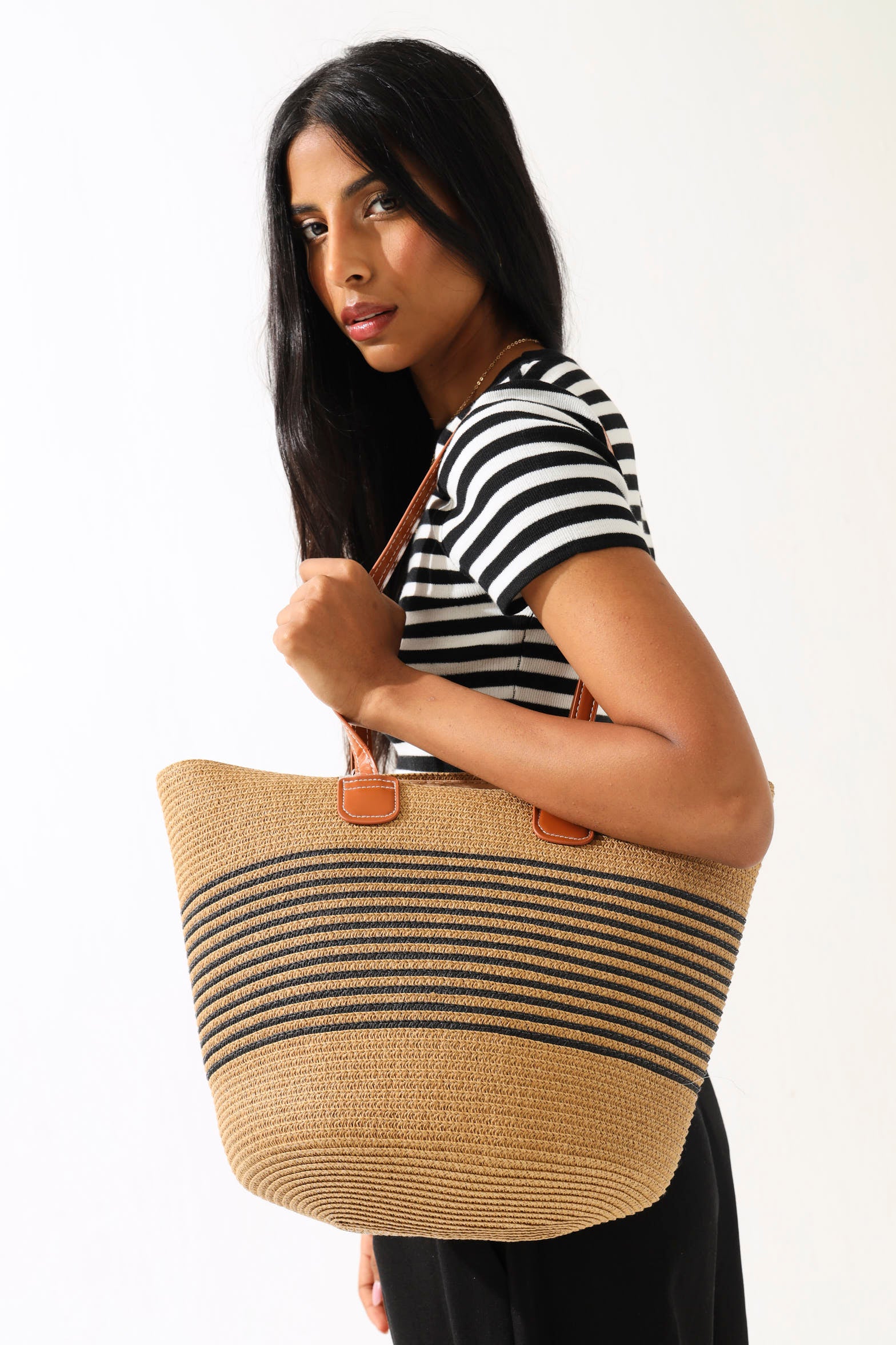 Striped Straw Basket Shopper Bag - Black