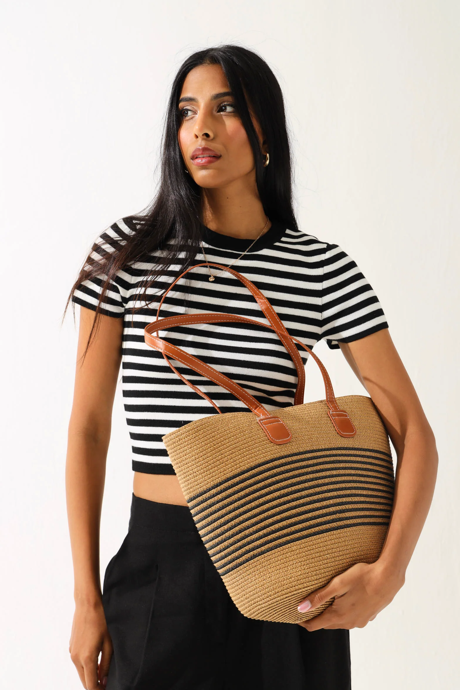 Striped Straw Basket Shopper Bag - Black - Image 2