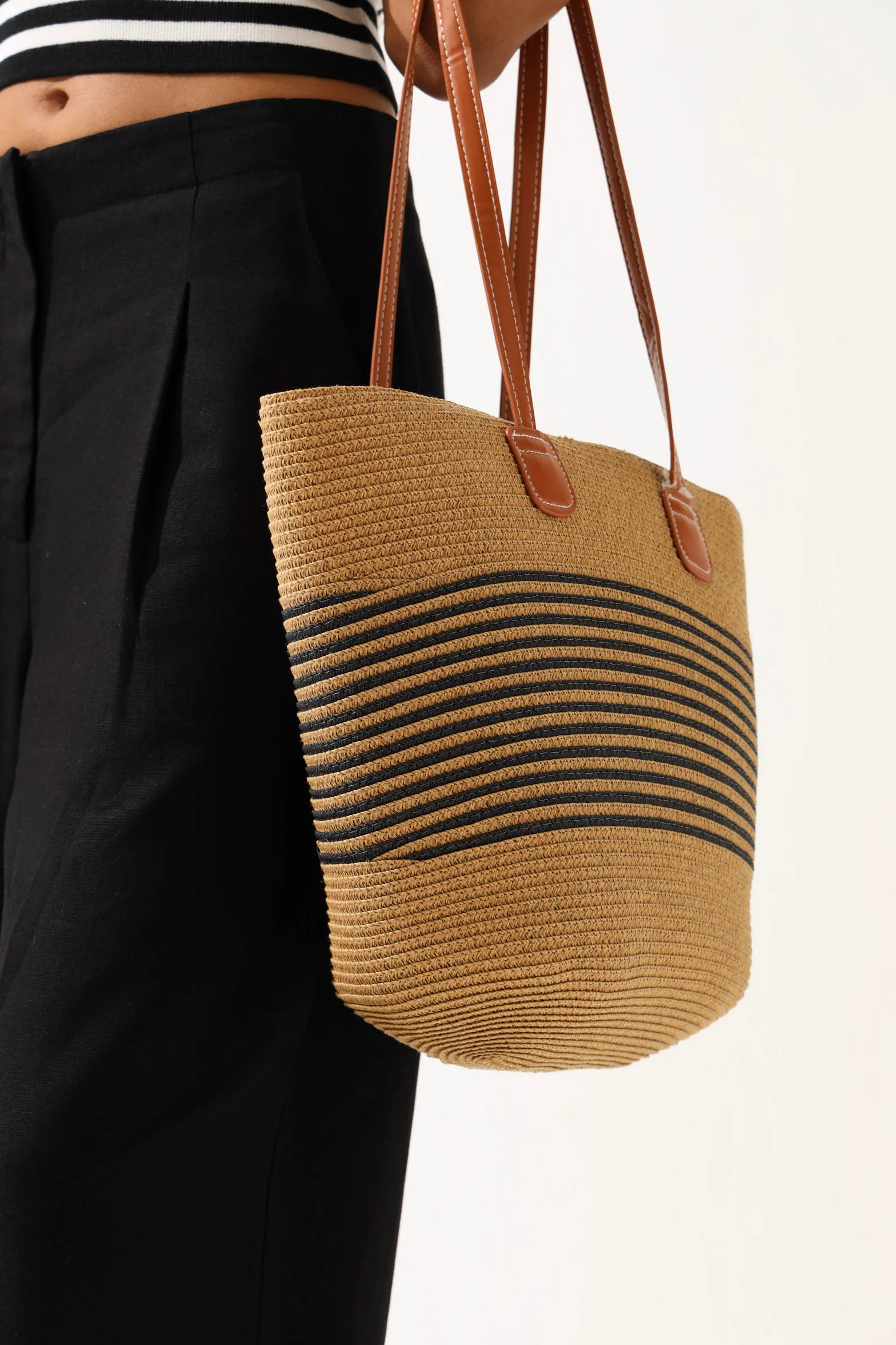 Striped Straw Basket Shopper Bag - Black - Image 3