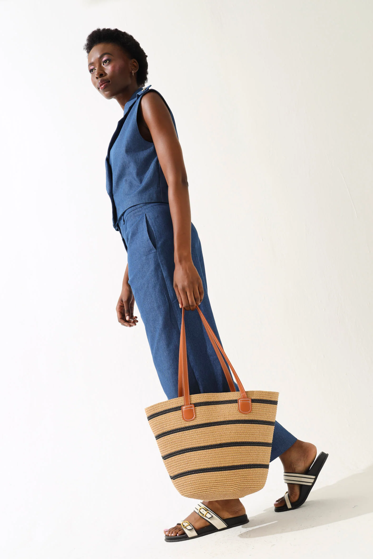 Striped Straw Basket Shopper Bag - Brown