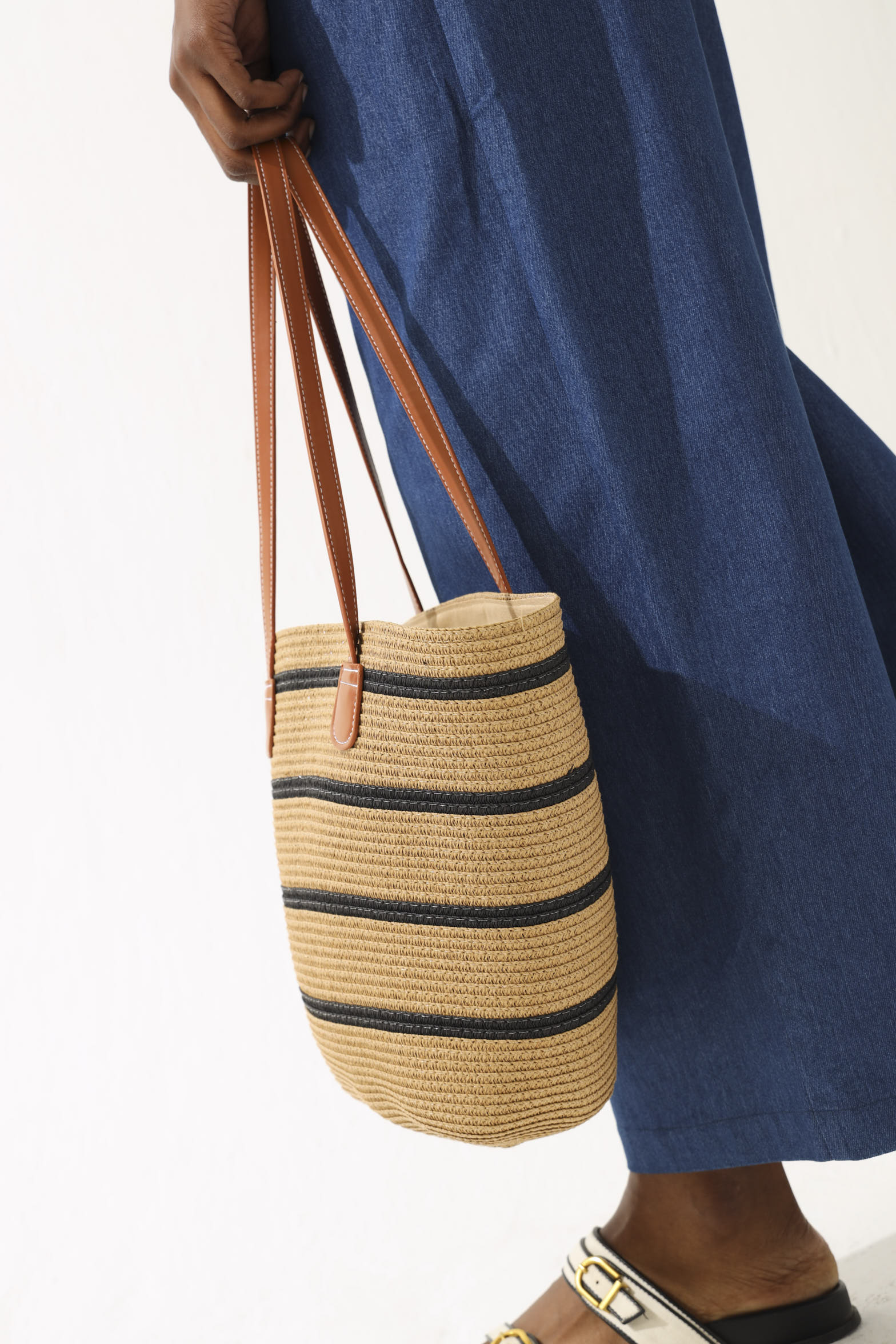 Striped Straw Basket Shopper Bag - Brown - Image 3