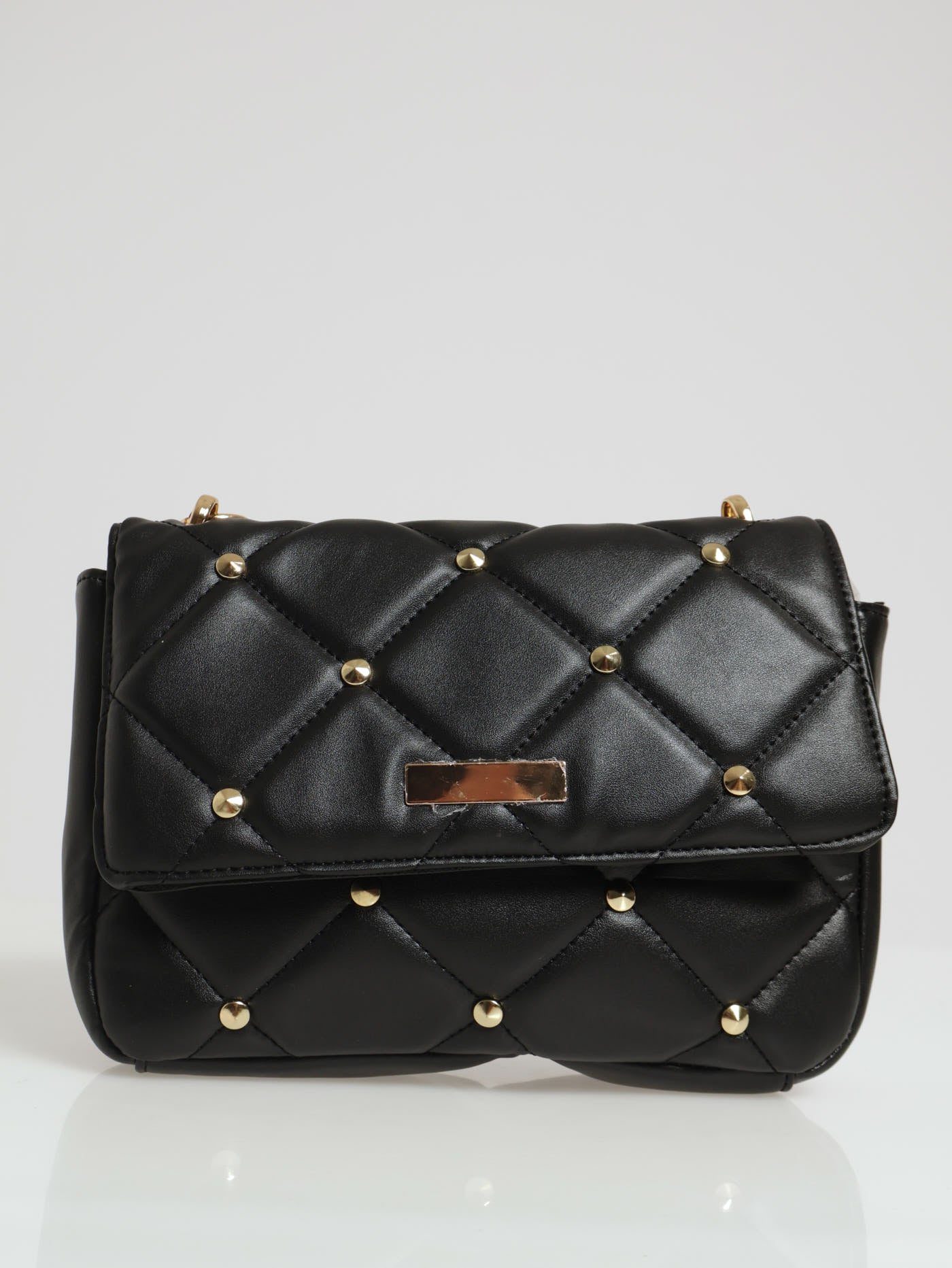 Structured Quilted Stud Detail Satchel Bag - Black