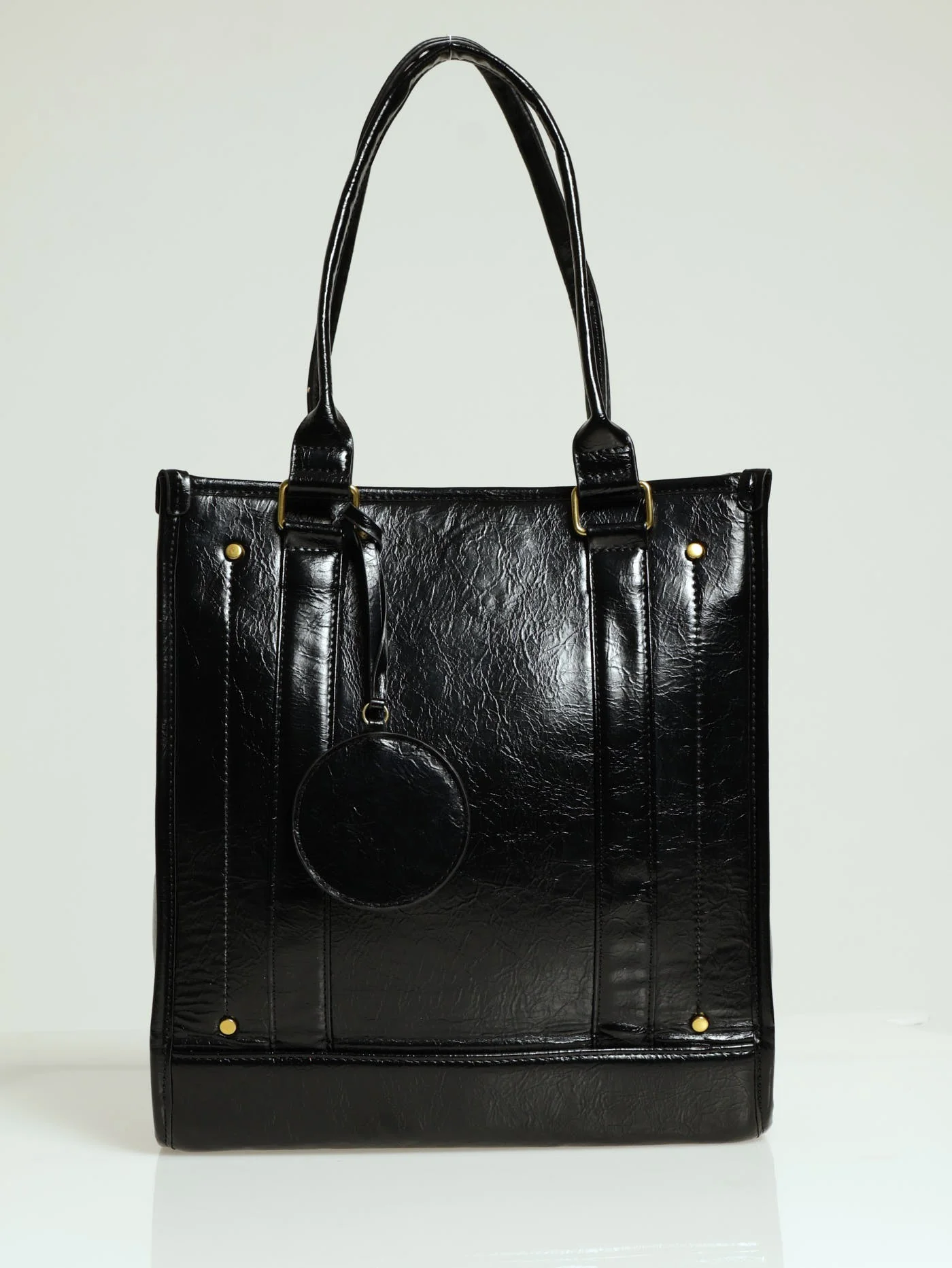 Stud Mirror Charm Tote Bag - Black
