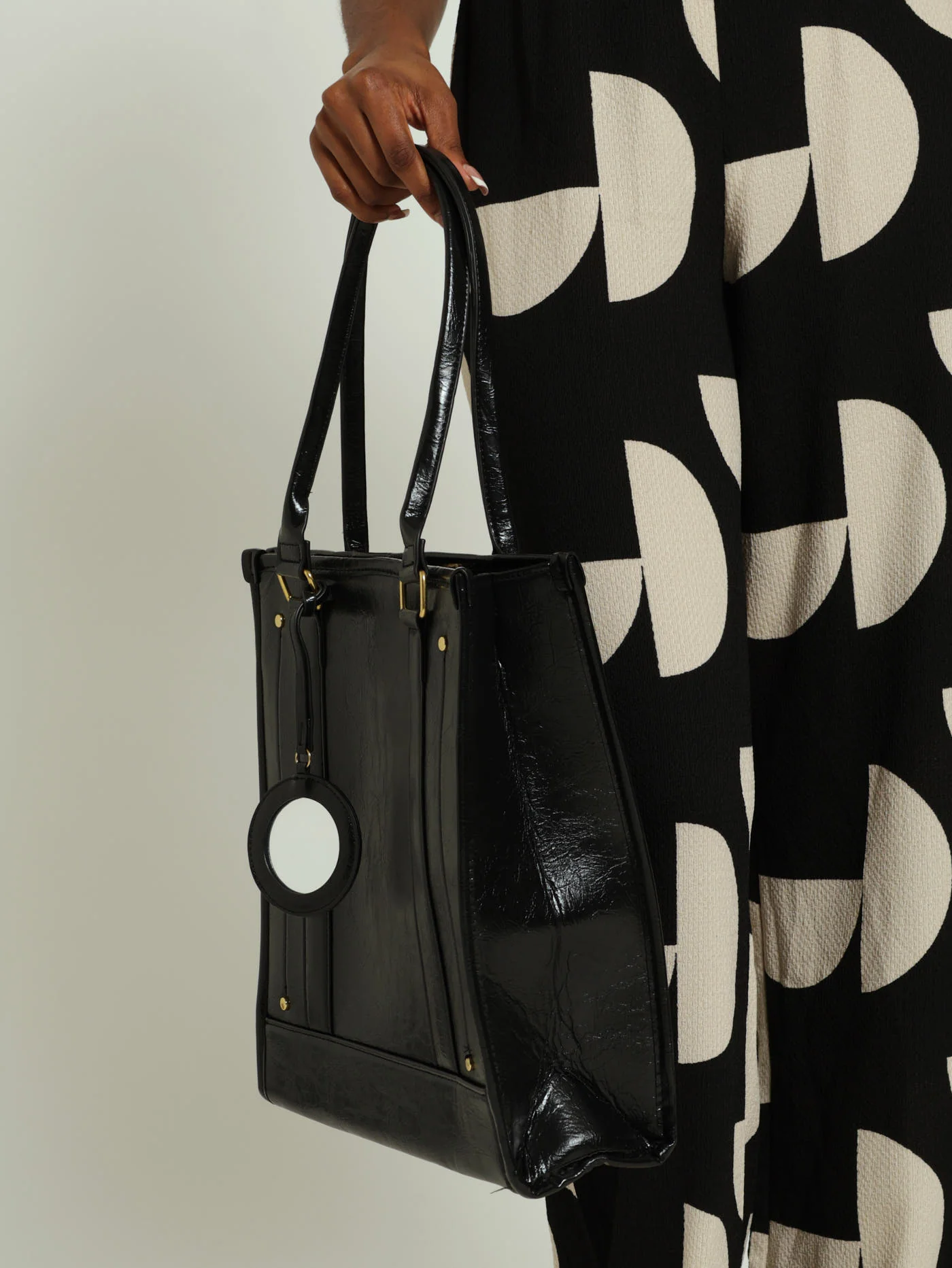 Stud Mirror Charm Tote Bag - Black - Image 2