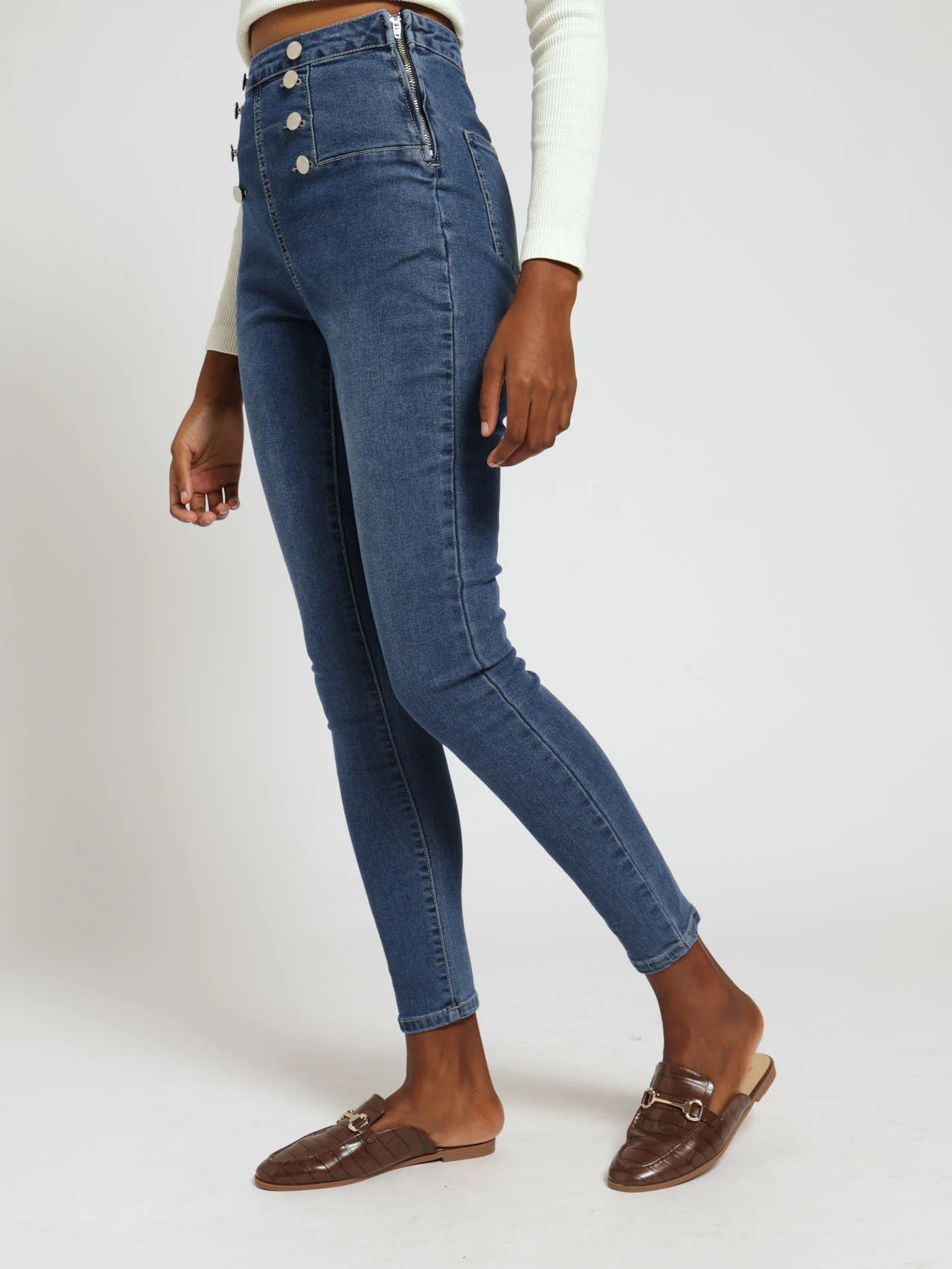 Super Hirise Sailor Button Skinny Jean - Dark Stonewash - Image 2