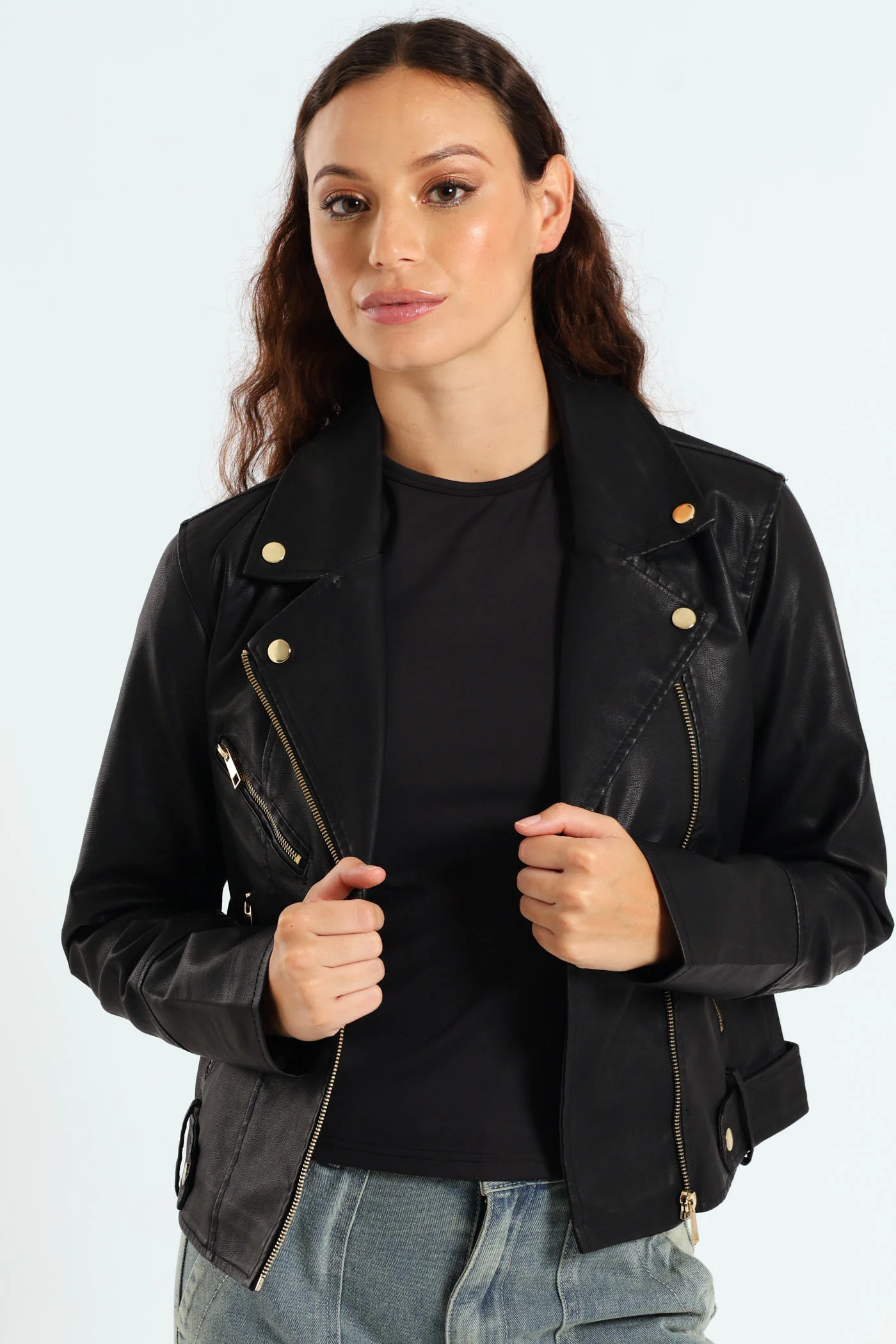 Tab Detail Biker Jacket - Black