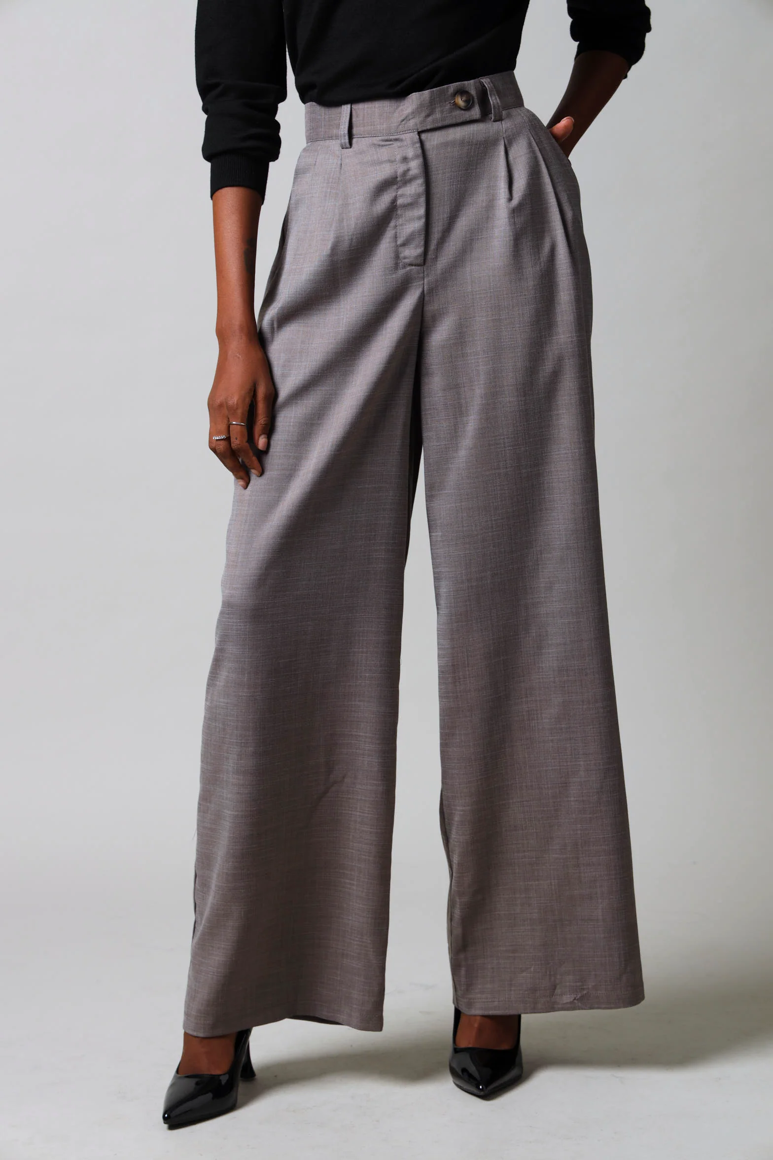 Tab Detail Wide Leg Pants - Brown