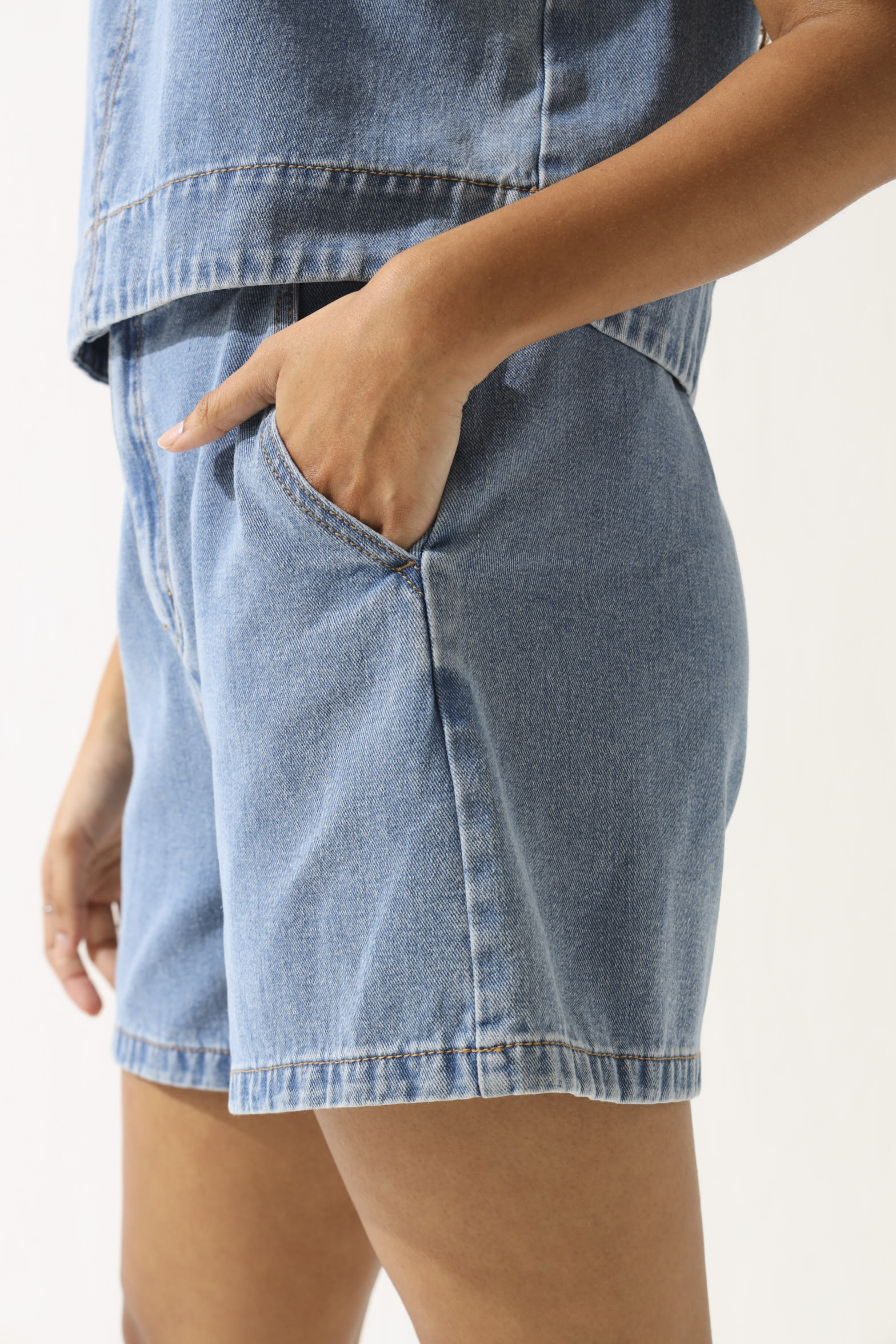 Tab Waist Denim Shorts - Medium Blue - Image 3
