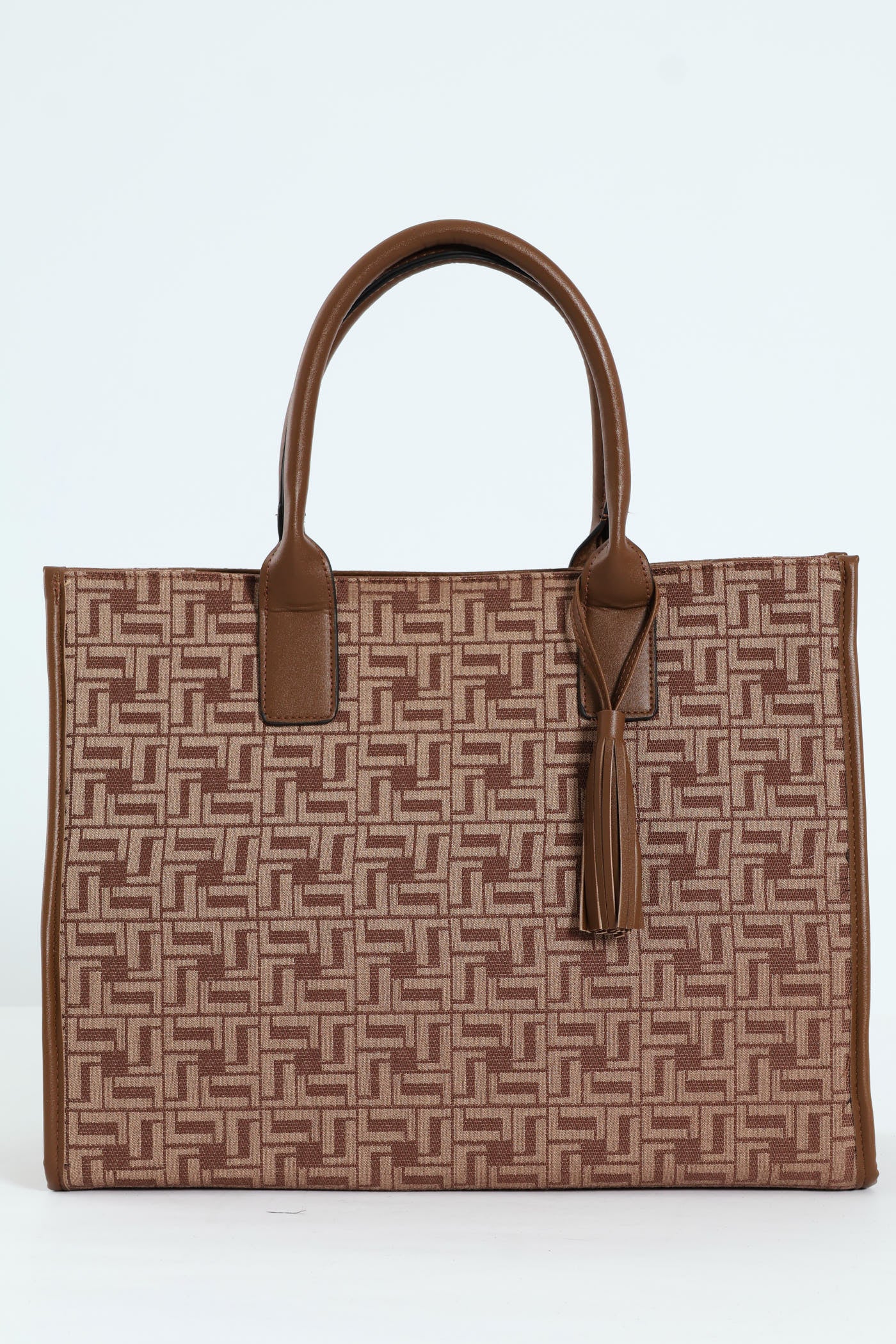 Tassel Detail Oversized Monogram Tote Bag - Brown