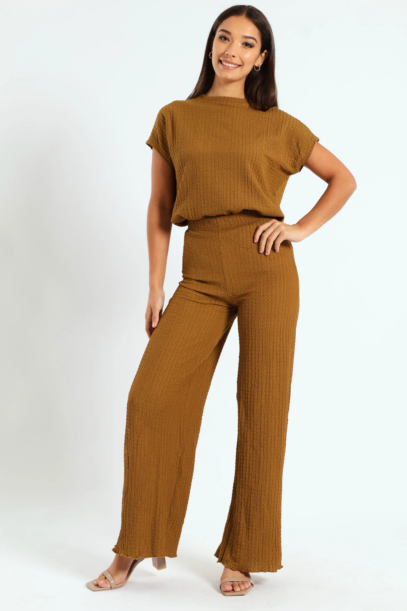 Texture Knit Wideleg Pants - Caramel - Image 2