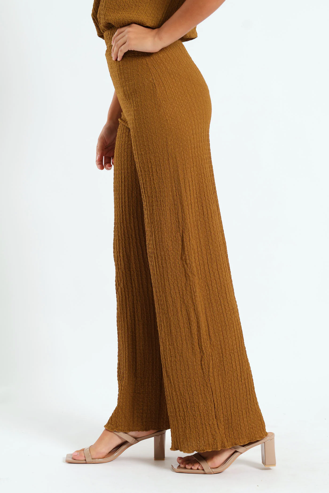 Texture Knit Wideleg Pants - Caramel - Image 3