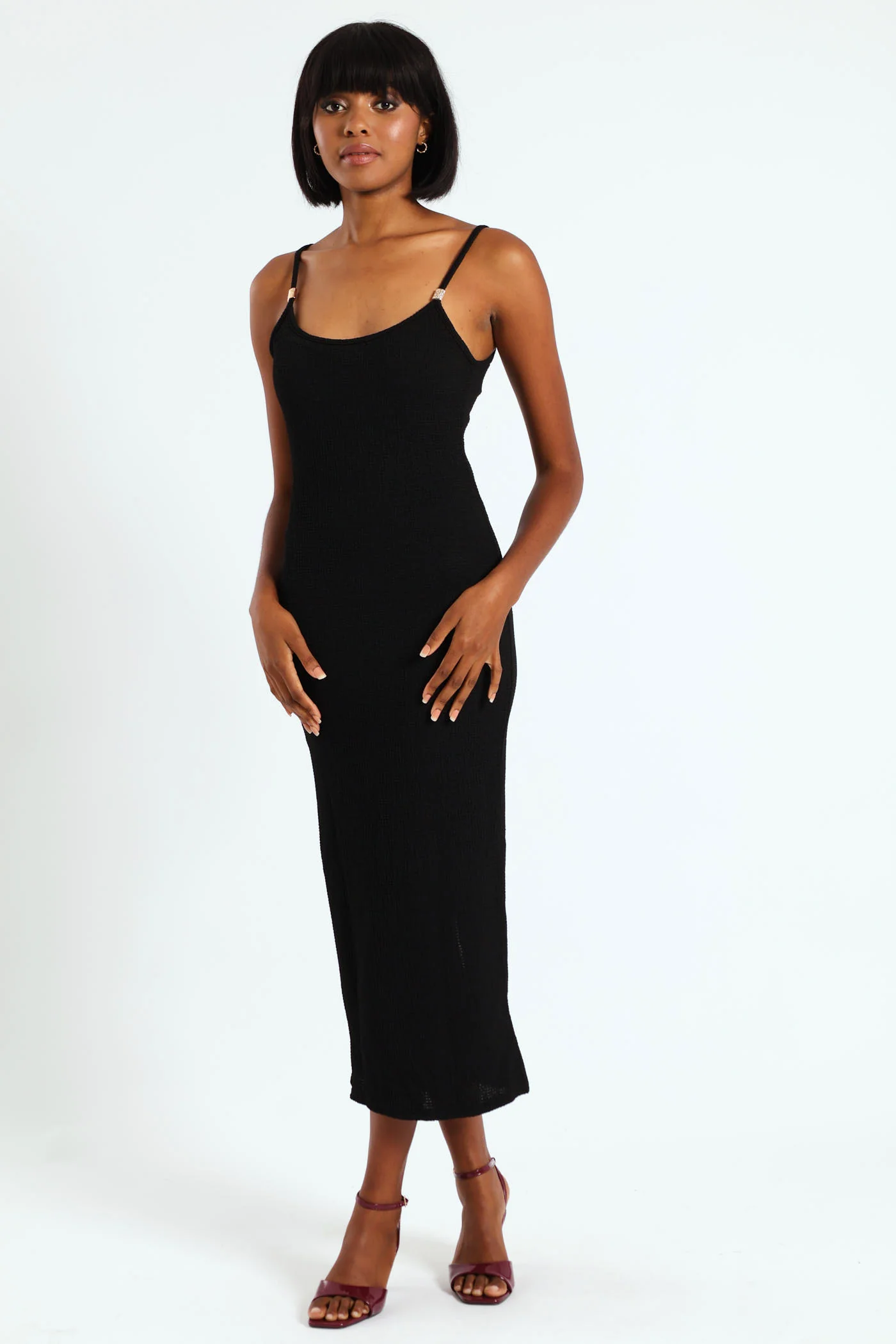Textured Basic Strappy Midi Dress - Black