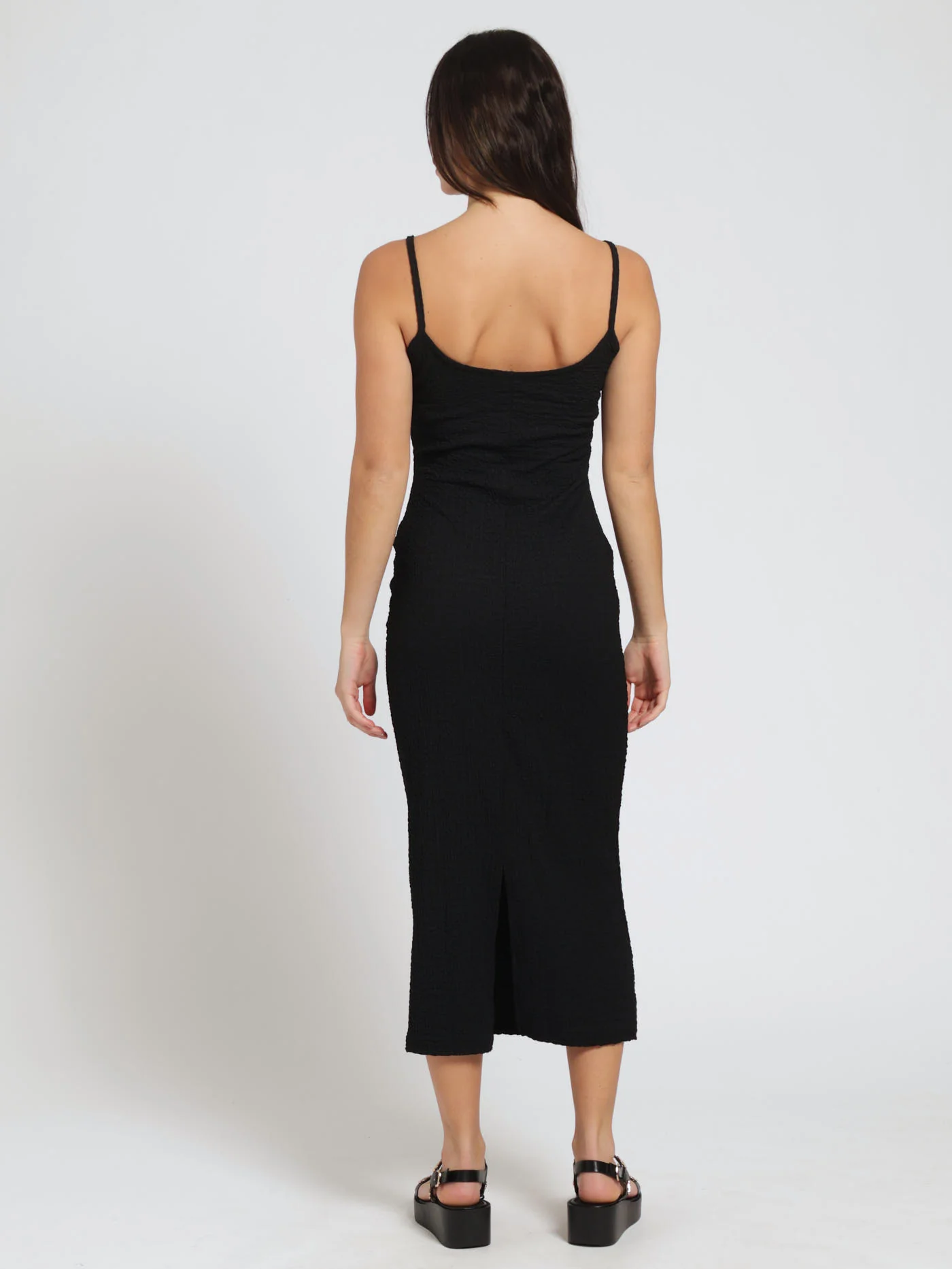 Textured Basic Strappy Midi Dress - Black - Image 3
